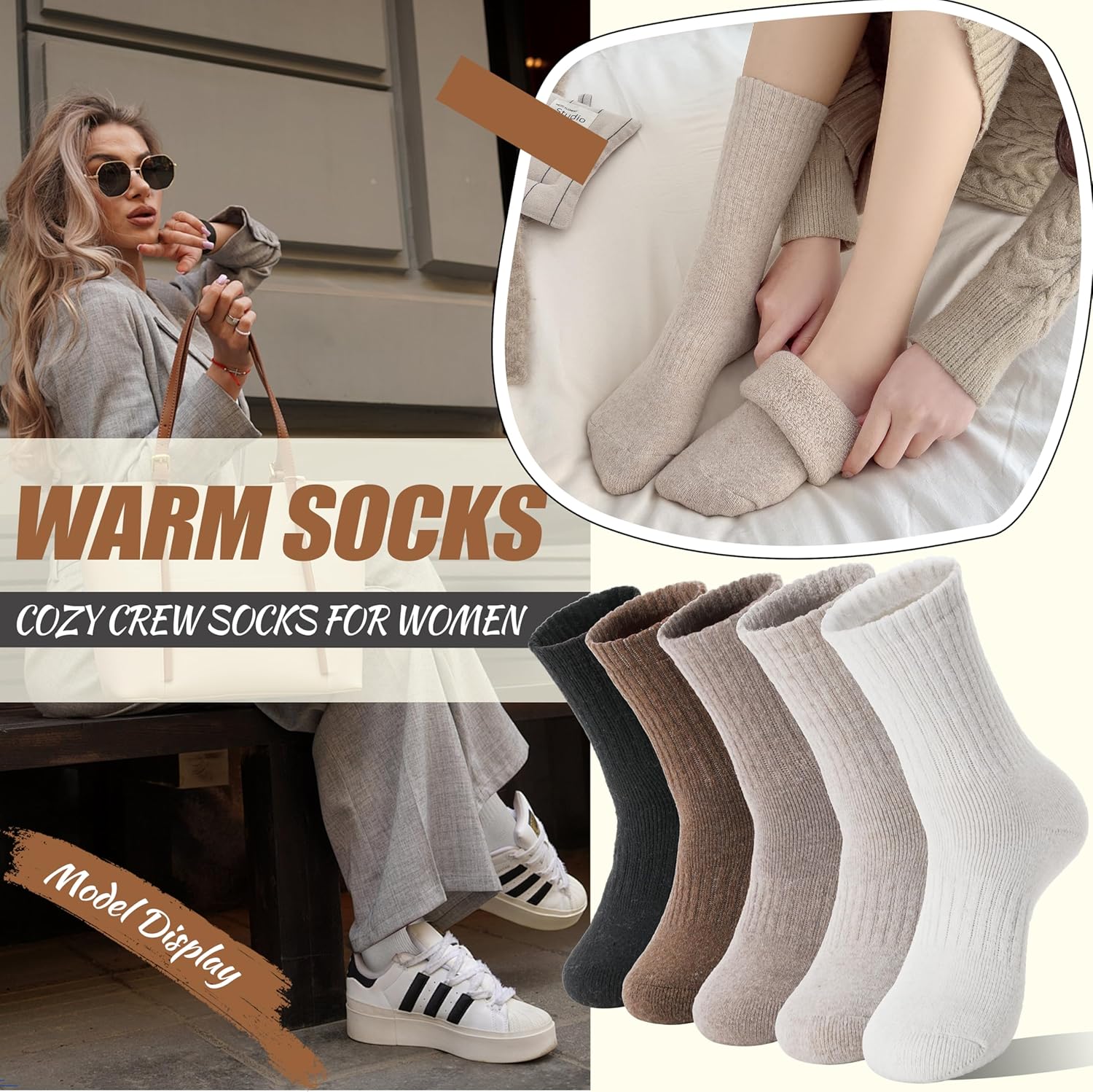 5 Pairs Women Merino Wool Boot Socks Warm Thermal Winter Thick Hiking Cozy Cabin Crew Comfy Socks for Ladies - Image 4