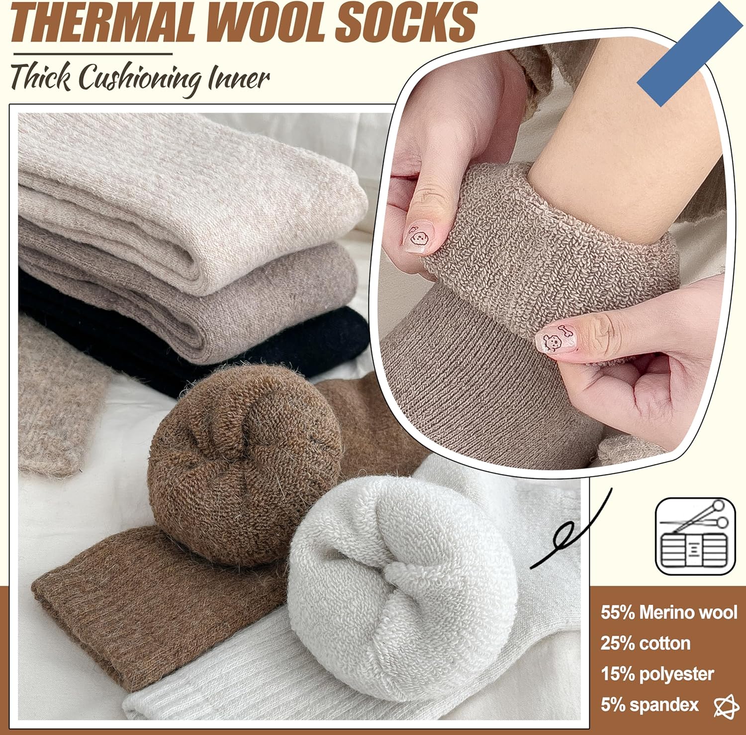 5 Pairs Women Merino Wool Boot Socks Warm Thermal Winter Thick Hiking Cozy Cabin Crew Comfy Socks for Ladies - Image 5