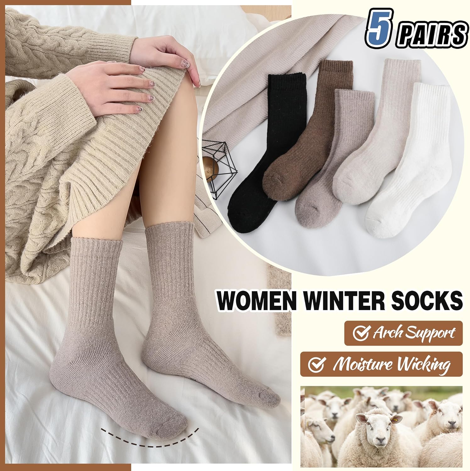 5 Pairs Women Merino Wool Boot Socks Warm Thermal Winter Thick Hiking Cozy Cabin Crew Comfy Socks for Ladies - Image 6