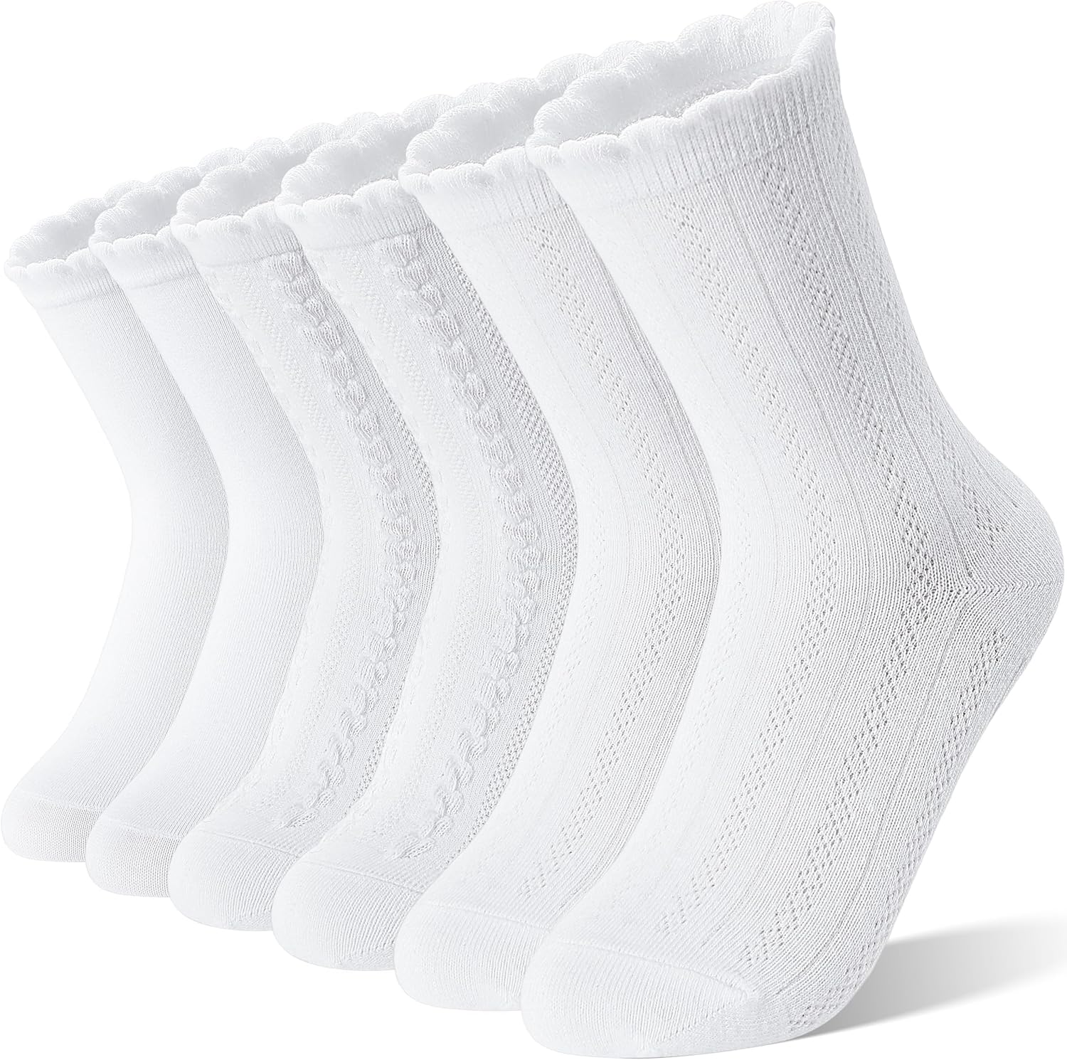 Girls Kids Ruffle Socks Uniform School Dress Crew Cotton Textured Breathable Socks 6 Pairs - Image 1