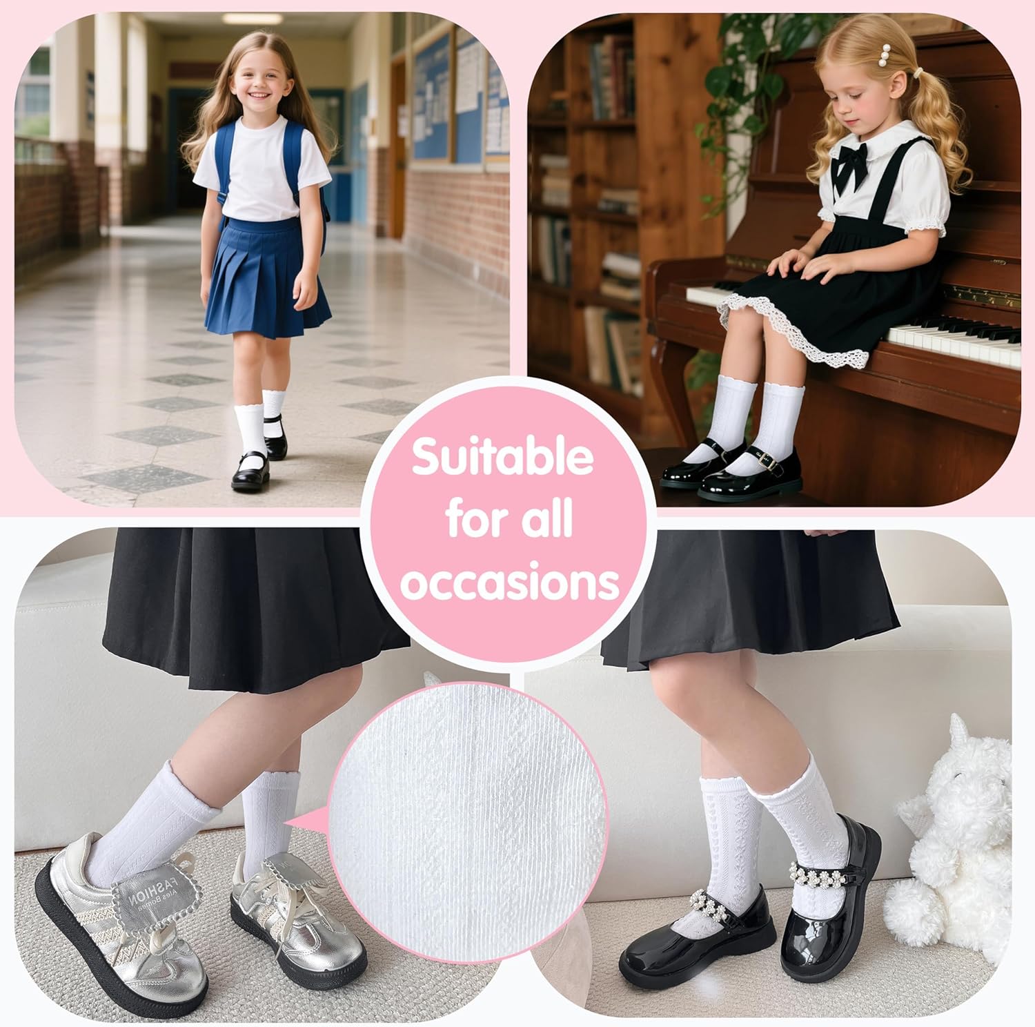 Girls Kids Ruffle Socks Uniform School Dress Crew Cotton Textured Breathable Socks 6 Pairs - Image 2