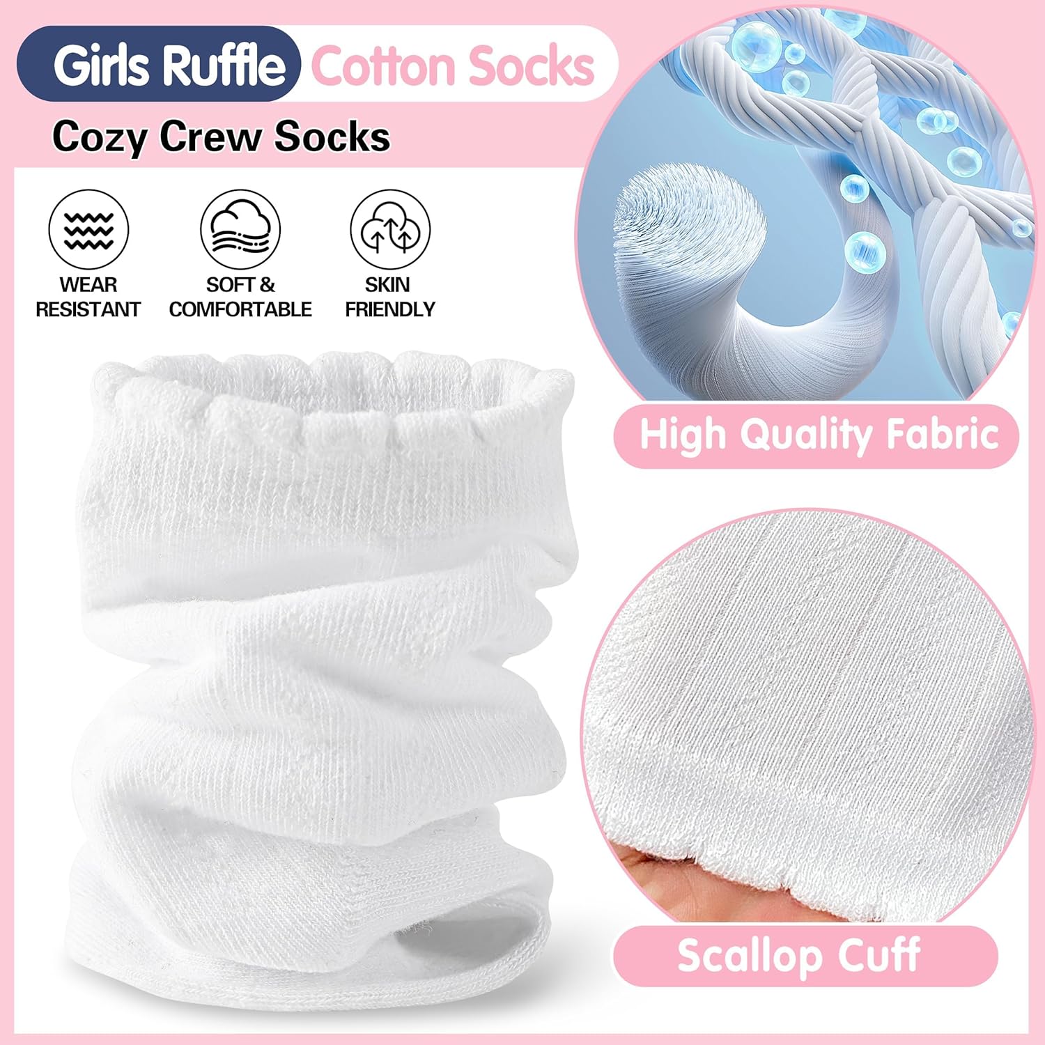 Girls Kids Ruffle Socks Uniform School Dress Crew Cotton Textured Breathable Socks 6 Pairs - Image 3