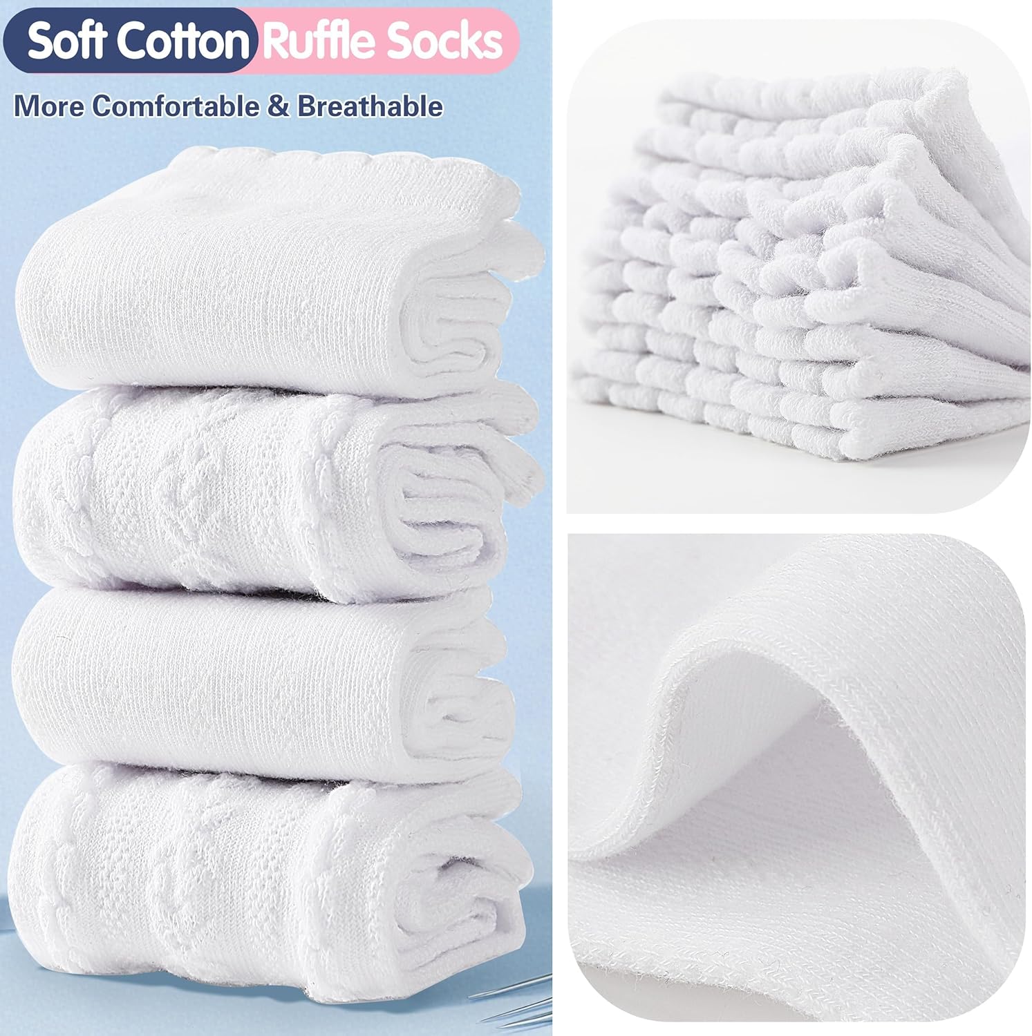 Girls Kids Ruffle Socks Uniform School Dress Crew Cotton Textured Breathable Socks 6 Pairs - Image 4