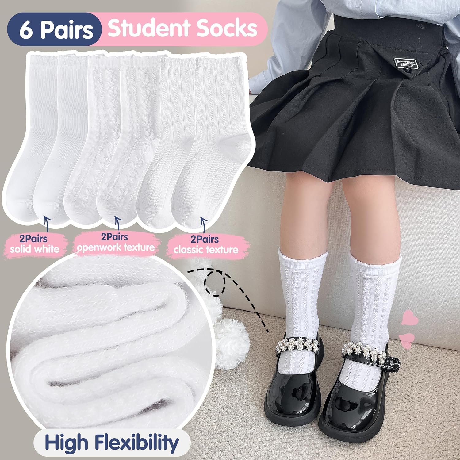 Girls Kids Ruffle Socks Uniform School Dress Crew Cotton Textured Breathable Socks 6 Pairs - Image 5