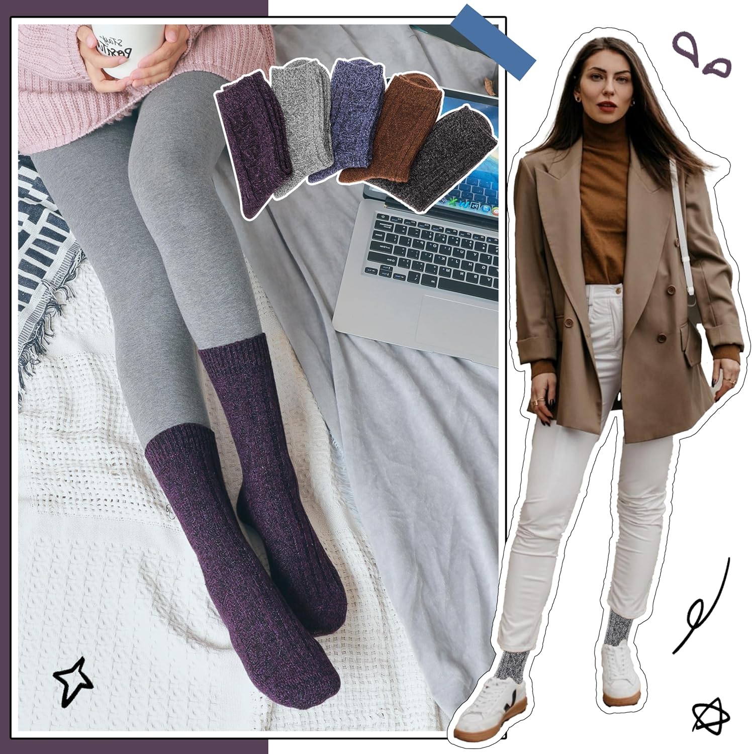 5 Pairs Merino Wool Socks for Women Thermal Warm Thick Winter Hiking Knit Cozy Crew Duty Work Soft Socks for Ladies - Image 2