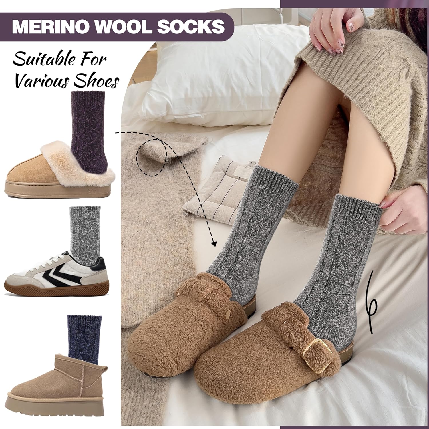 5 Pairs Merino Wool Socks for Women Thermal Warm Thick Winter Hiking Knit Cozy Crew Duty Work Soft Socks for Ladies - Image 3