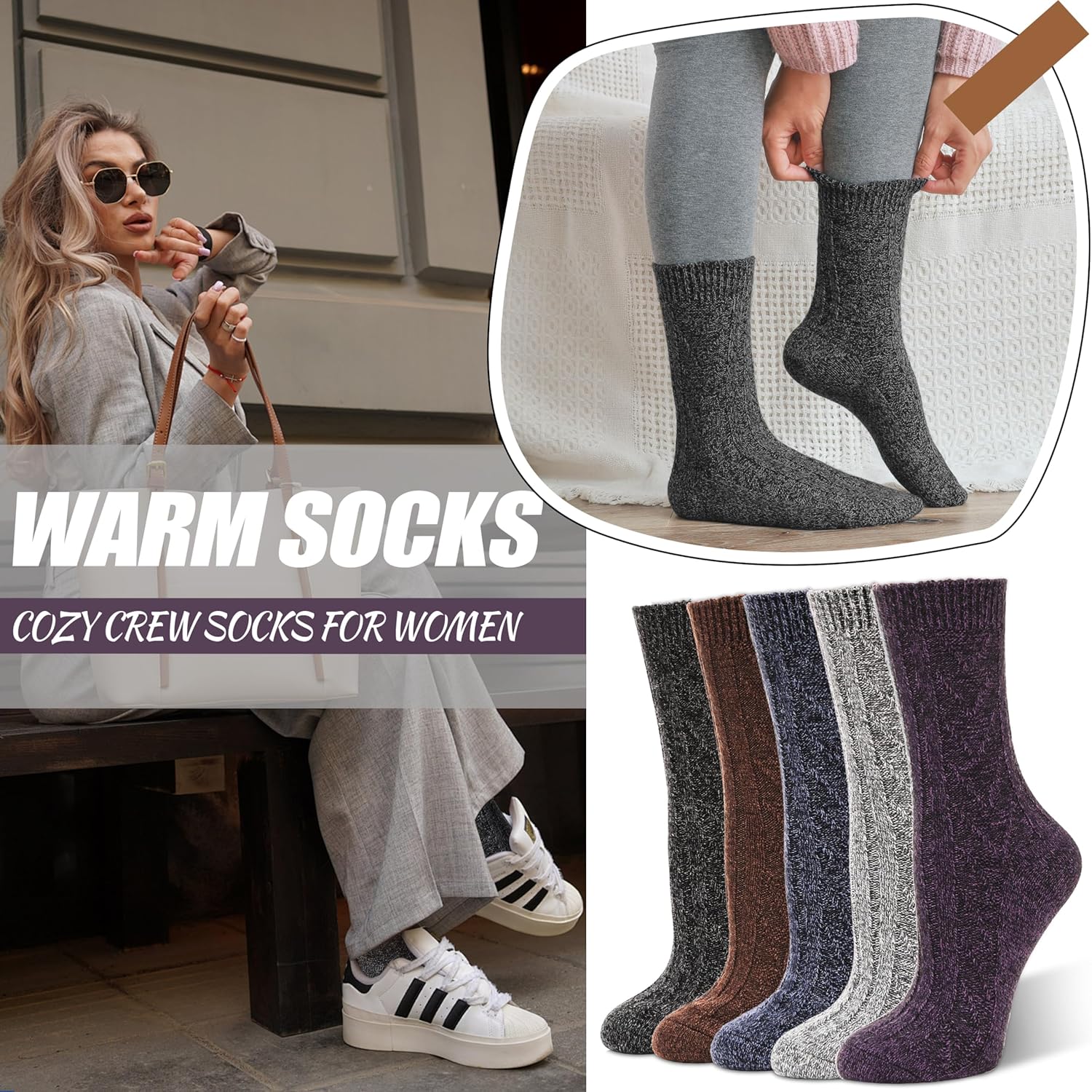 5 Pairs Merino Wool Socks for Women Thermal Warm Thick Winter Hiking Knit Cozy Crew Duty Work Soft Socks for Ladies - Image 4