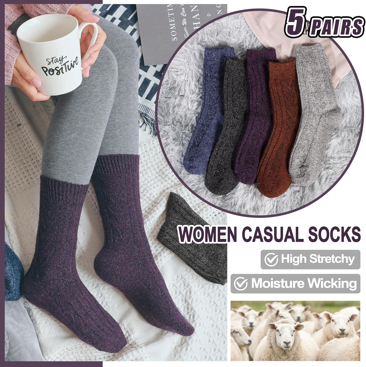 5 Pairs Merino Wool Socks for Women Thermal Warm Thick Winter Hiking Knit Cozy Crew Duty Work Soft Socks for Ladies - Image 6