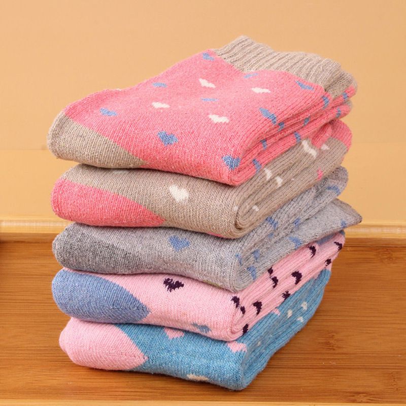 Wool Blend Terry Socks 5-Pack - Winter Thick Warm Mid Calf Crew Socks for Women - Small Heart Pattern Cotton Socks - 5 Pairs - Image 1