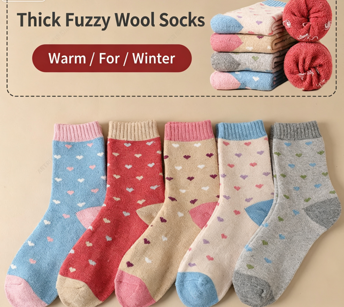 Wool Blend Terry Socks 5-Pack - Winter Thick Warm Mid Calf Crew Socks for Women - Small Heart Pattern Cotton Socks - 5 Pairs - Image 2