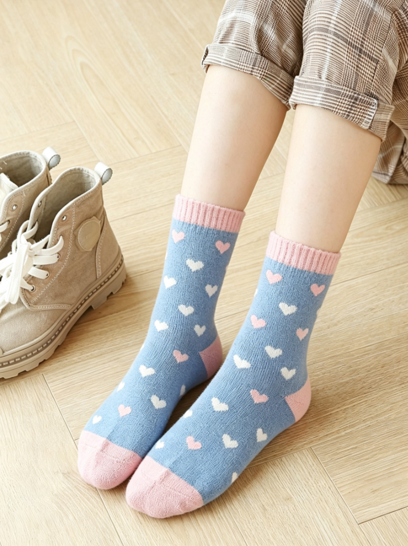 Wool Blend Terry Socks 5-Pack - Winter Thick Warm Mid Calf Crew Socks for Women - Small Heart Pattern Cotton Socks - 5 Pairs - Image 3