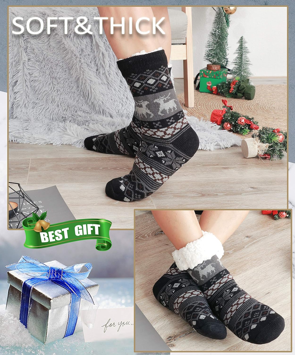 Mens Slipper Fuzzy Socks Fluffy Winter Cabin Cozy Warm Soft Fleece Thick Comfy Gift Socks with Grips - Image 2
