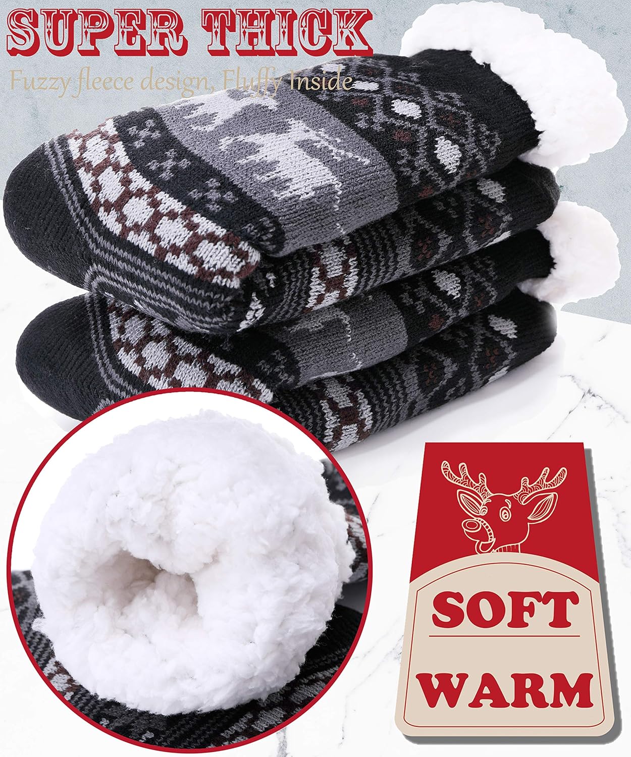 Mens Slipper Fuzzy Socks Fluffy Winter Cabin Cozy Warm Soft Fleece Thick Comfy Gift Socks with Grips - Image 3