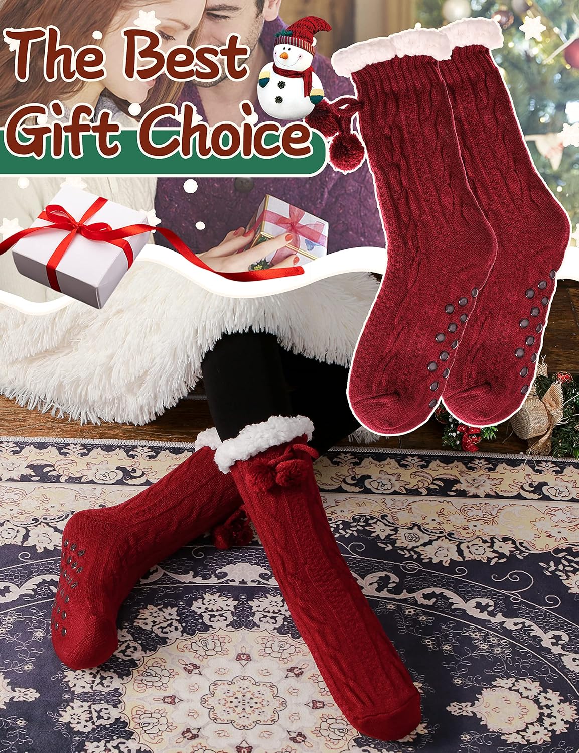 Slipper Fuzzy Socks for Women Fluffy Cozy Cabin Winter Warm Soft Fleece Comfy Thick Christmas Stocking Stuffer with Grips(Red) - Image 2
