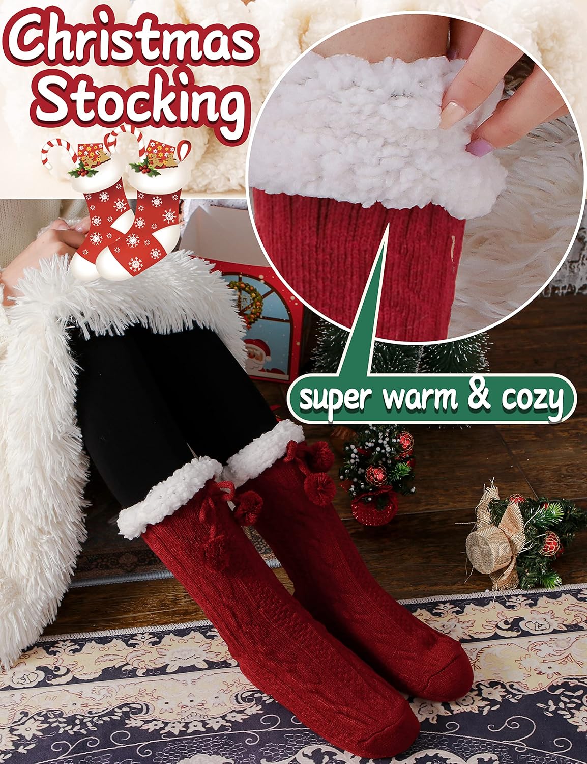 Slipper Fuzzy Socks for Women Fluffy Cozy Cabin Winter Warm Soft Fleece Comfy Thick Christmas Stocking Stuffer with Grips(Red) - Image 3