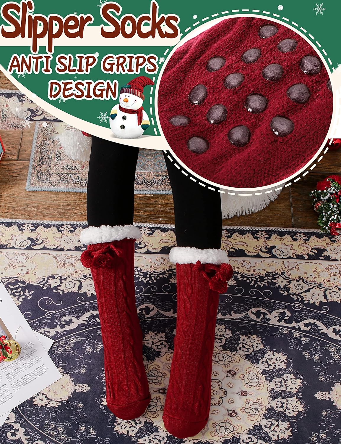 Slipper Fuzzy Socks for Women Fluffy Cozy Cabin Winter Warm Soft Fleece Comfy Thick Christmas Stocking Stuffer with Grips(Red) - Image 4