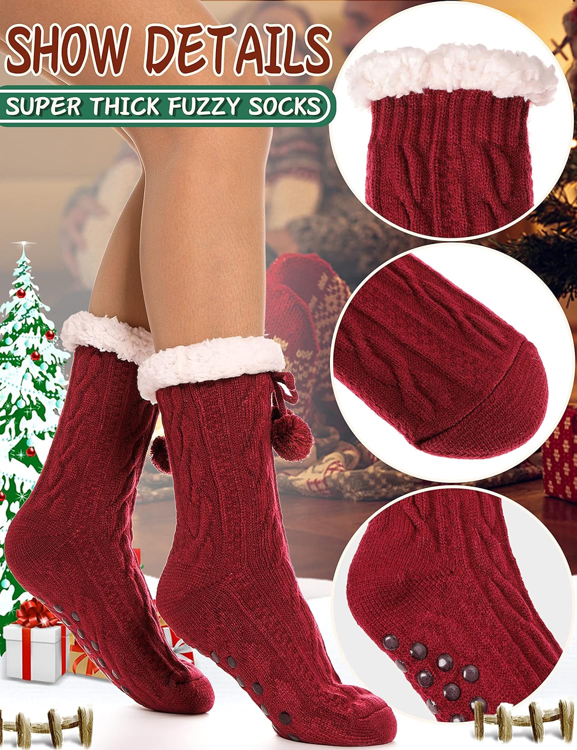 Slipper Fuzzy Socks for Women Fluffy Cozy Cabin Winter Warm Soft Fleece Comfy Thick Christmas Stocking Stuffer with Grips(Red) - Image 6