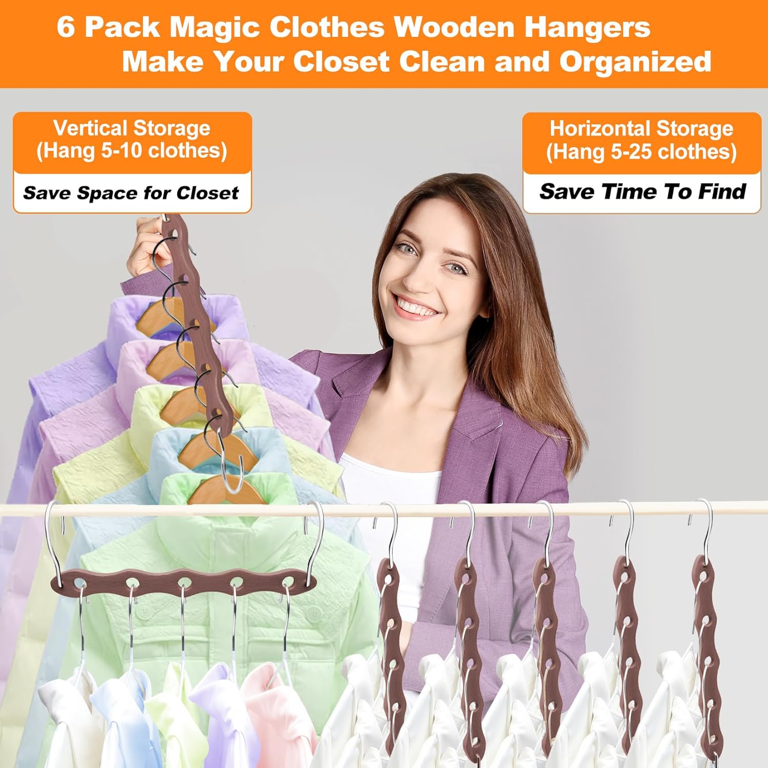 Closet Organizers and Storage,Heavy Duty Wooden Hangers Space Saving,Home Dorm Room Essentials for College Students Girls Boys,6 Pack Organization and Storage Clothes Hanger for Coat,Pants,Shirt,Scarf - Image 6