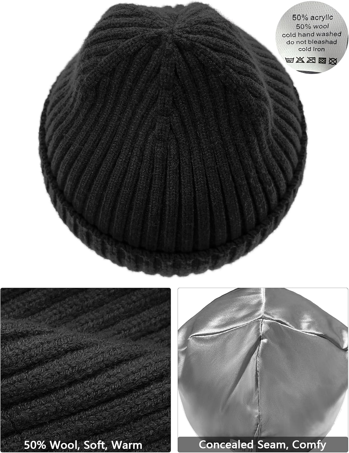 Satin Lined Wool Beanie Hat for Women Men Winter Cold, Warm Knit Fashion Cuffed Beanie Skull Cap Watch Cap - Image 4