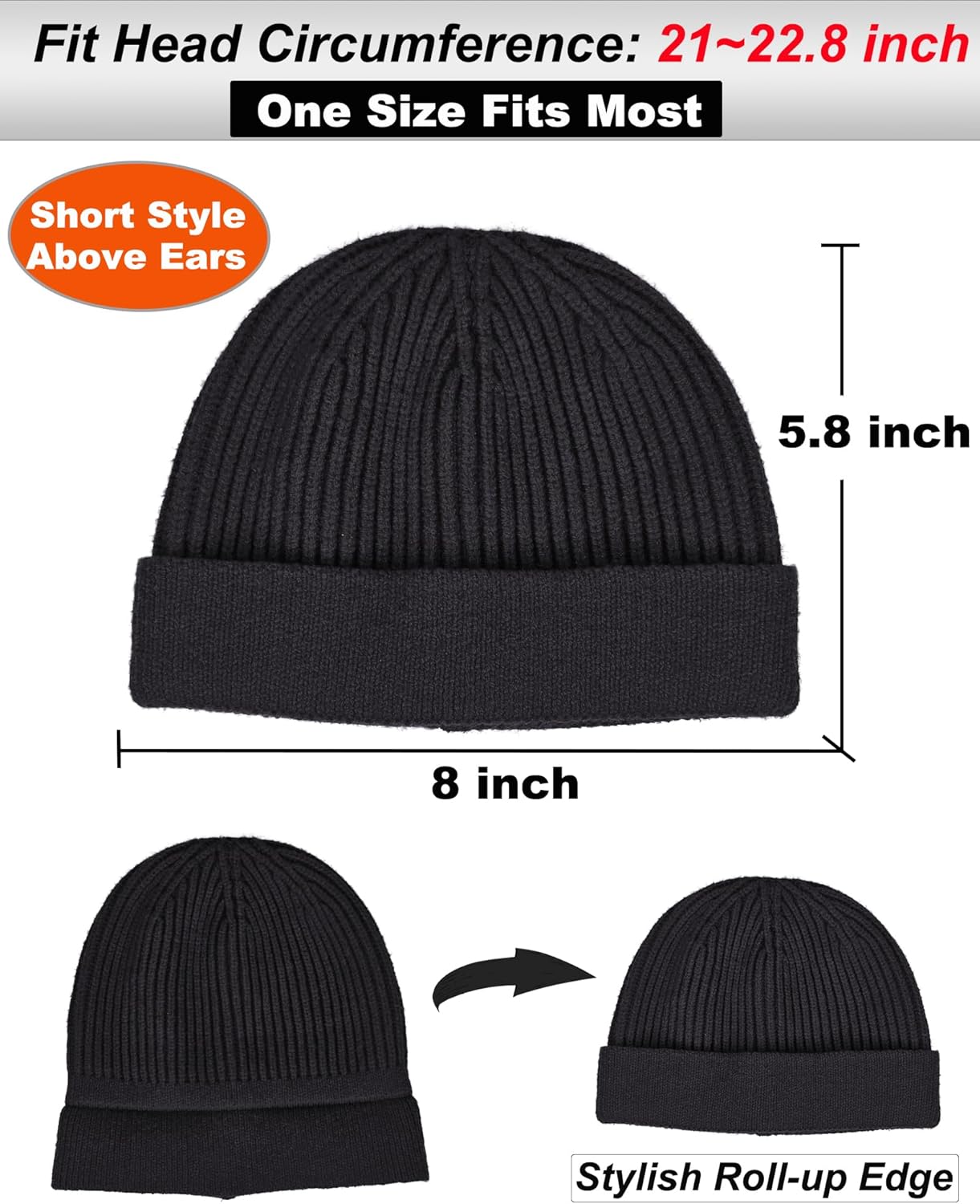Thin Wool Fisherman Beanie for Men Women, Short Knit Cuff Trawler Watch Hats - Image 5