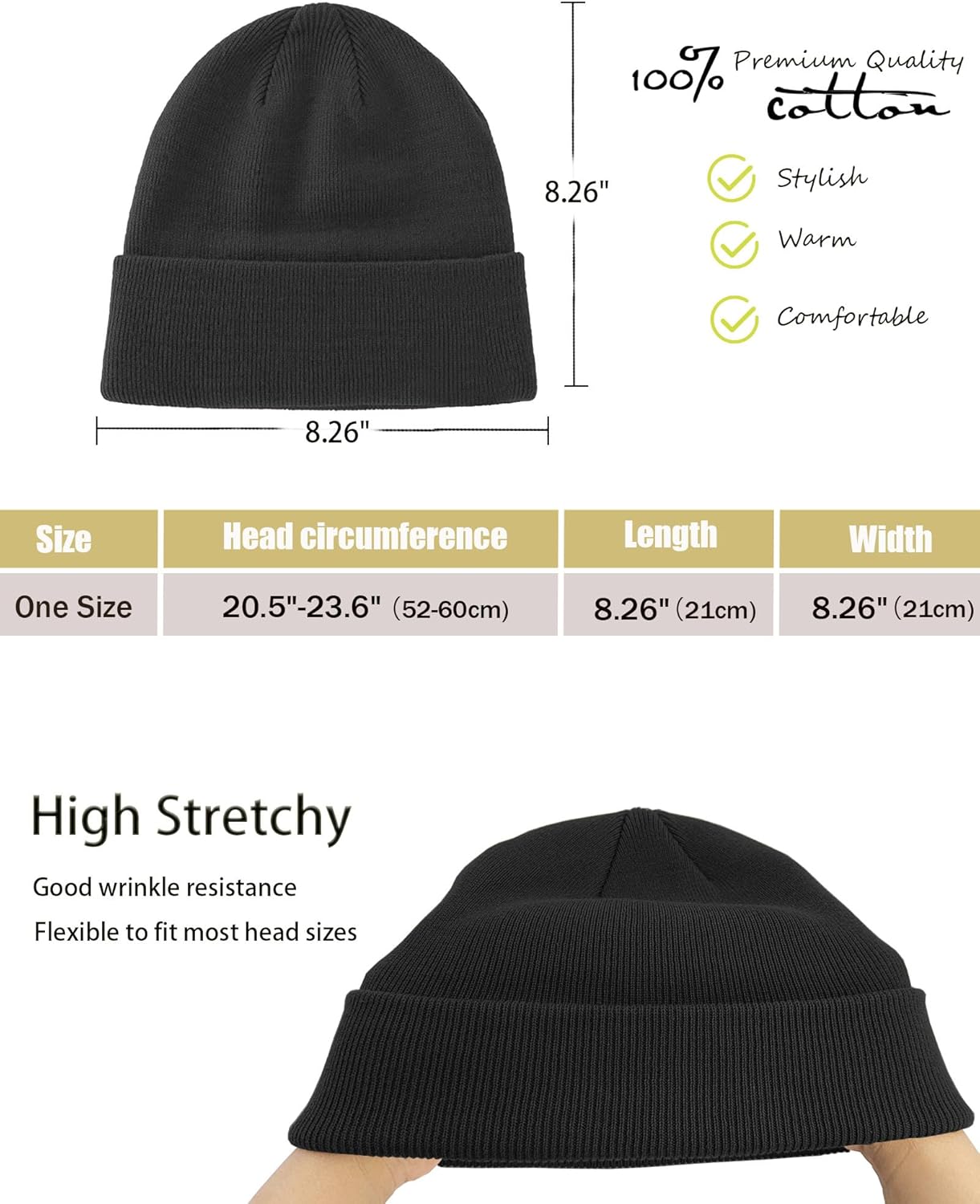 100% Cotton Beanie Hat- Unisex Ultra Soft Winter Warm Stretch Knit Cuffed Hats Fisherman Beanies Skull Cap - Image 2