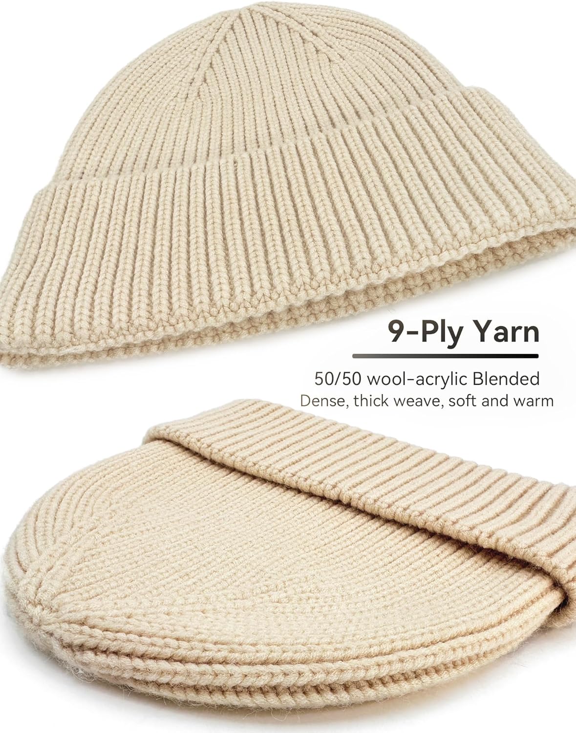 50% Wool Thick Beanie Hat for Men Women, Seamless Winter Knit Skull Cap, Cuffed Fisherman Beanie Warm Watch Cap - Image 2