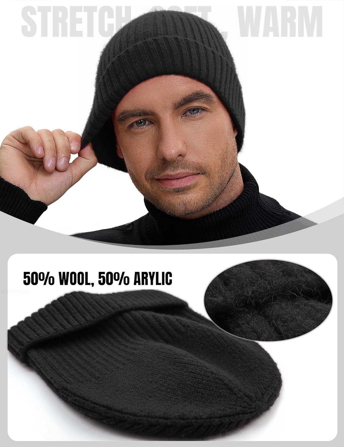 50% Wool Double Cuff Knit Beanie Hat for Men Women, Short Fisherman/Slouchy Warm Winter Skull Cap Trawler Watch Cap - Image 2