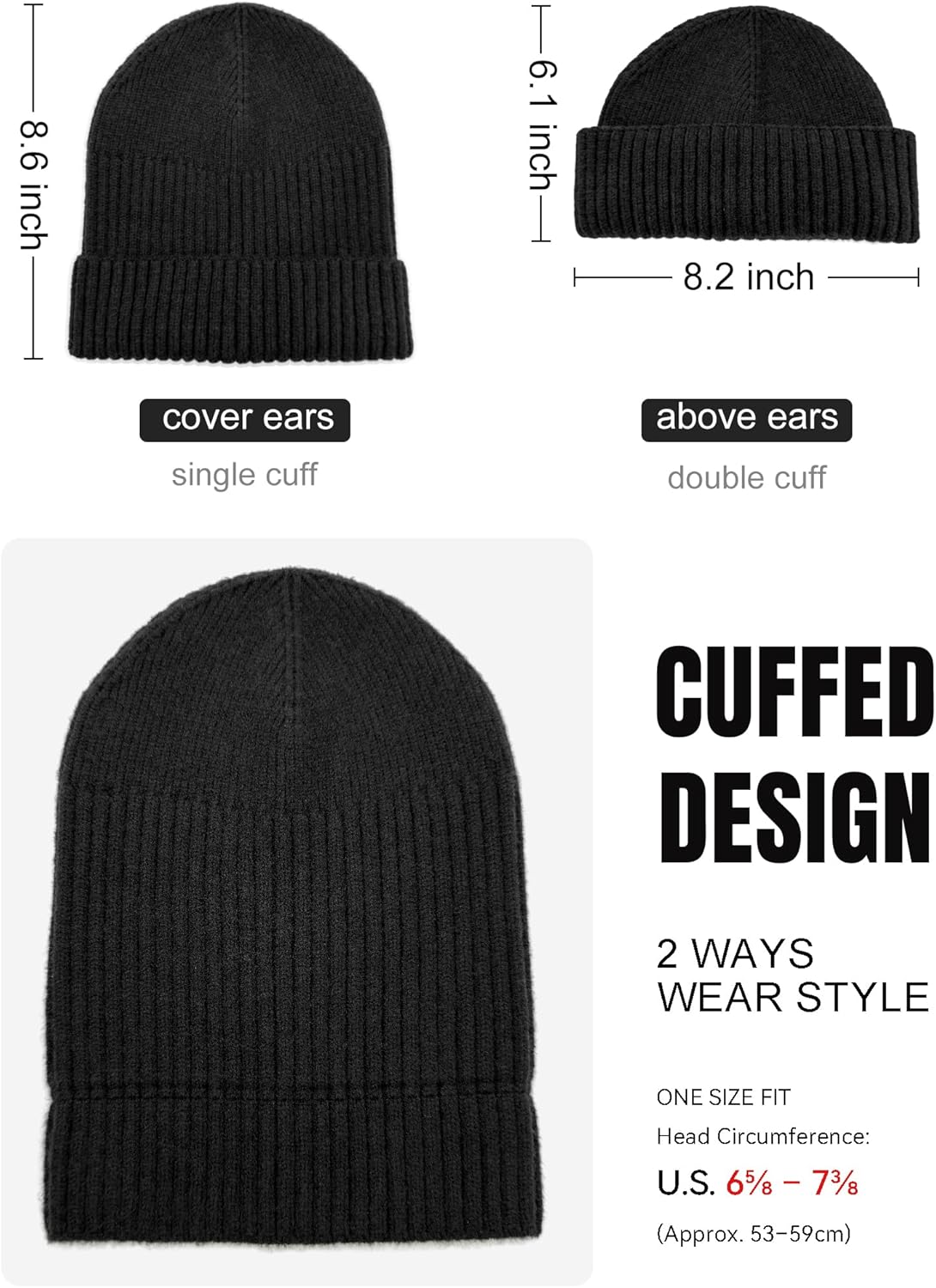 50% Wool Double Cuff Knit Beanie Hat for Men Women, Short Fisherman/Slouchy Warm Winter Skull Cap Trawler Watch Cap - Image 3