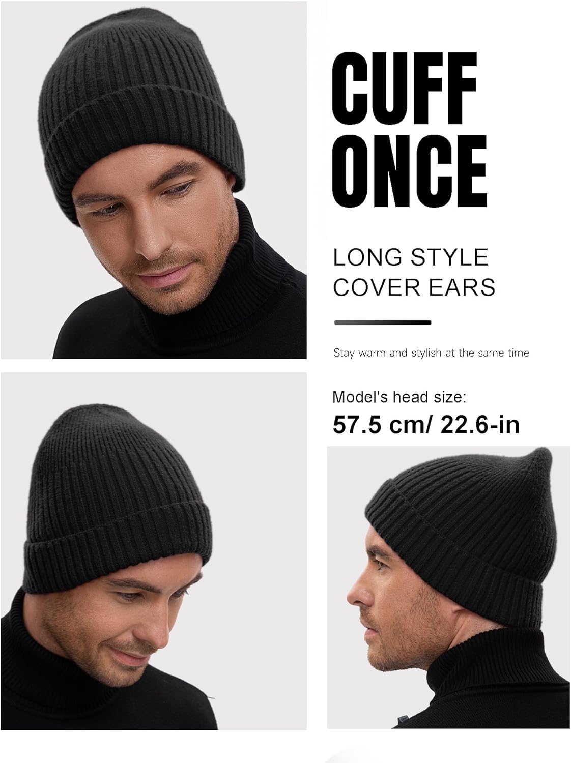 50% Wool Double Cuff Knit Beanie Hat for Men Women, Short Fisherman/Slouchy Warm Winter Skull Cap Trawler Watch Cap - Image 4