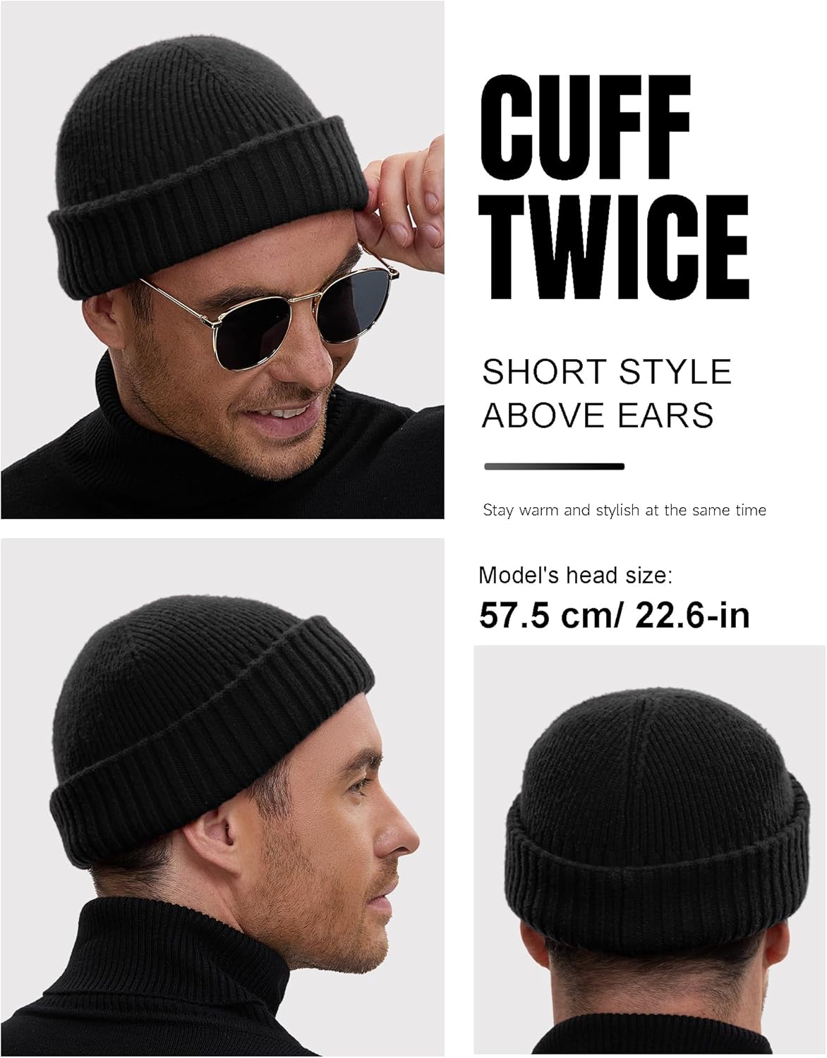 50% Wool Double Cuff Knit Beanie Hat for Men Women, Short Fisherman/Slouchy Warm Winter Skull Cap Trawler Watch Cap - Image 5