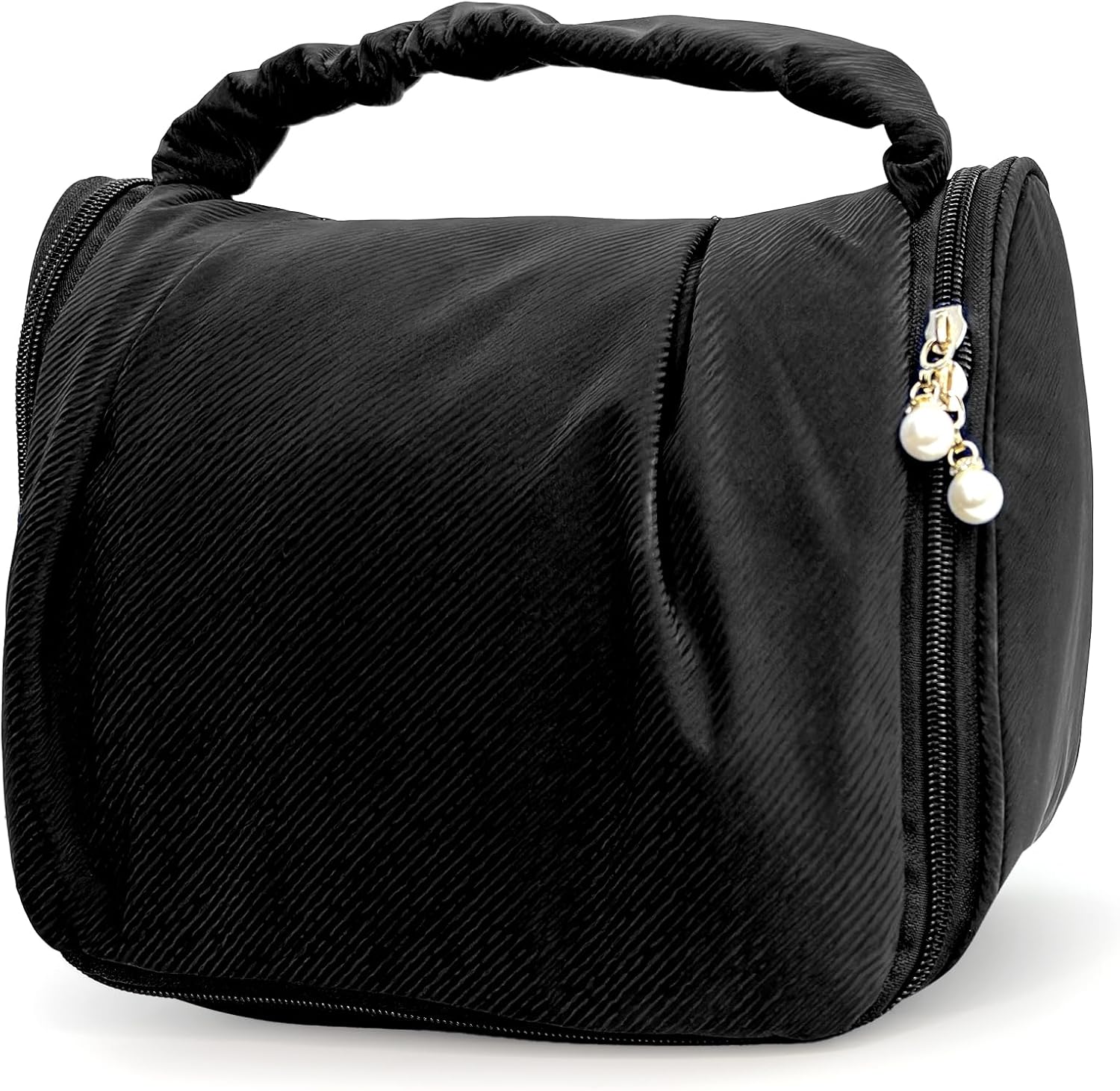 Cute Hanging Travel Toiletry Bag for Women, Small Ruched Make-up Bag Cosmetic Hand-bag, Carry-On Storage Organizer Pouch with Handles Pearl Zipper for Travel Essentials Skin-Care Accessories, Black - Image 1