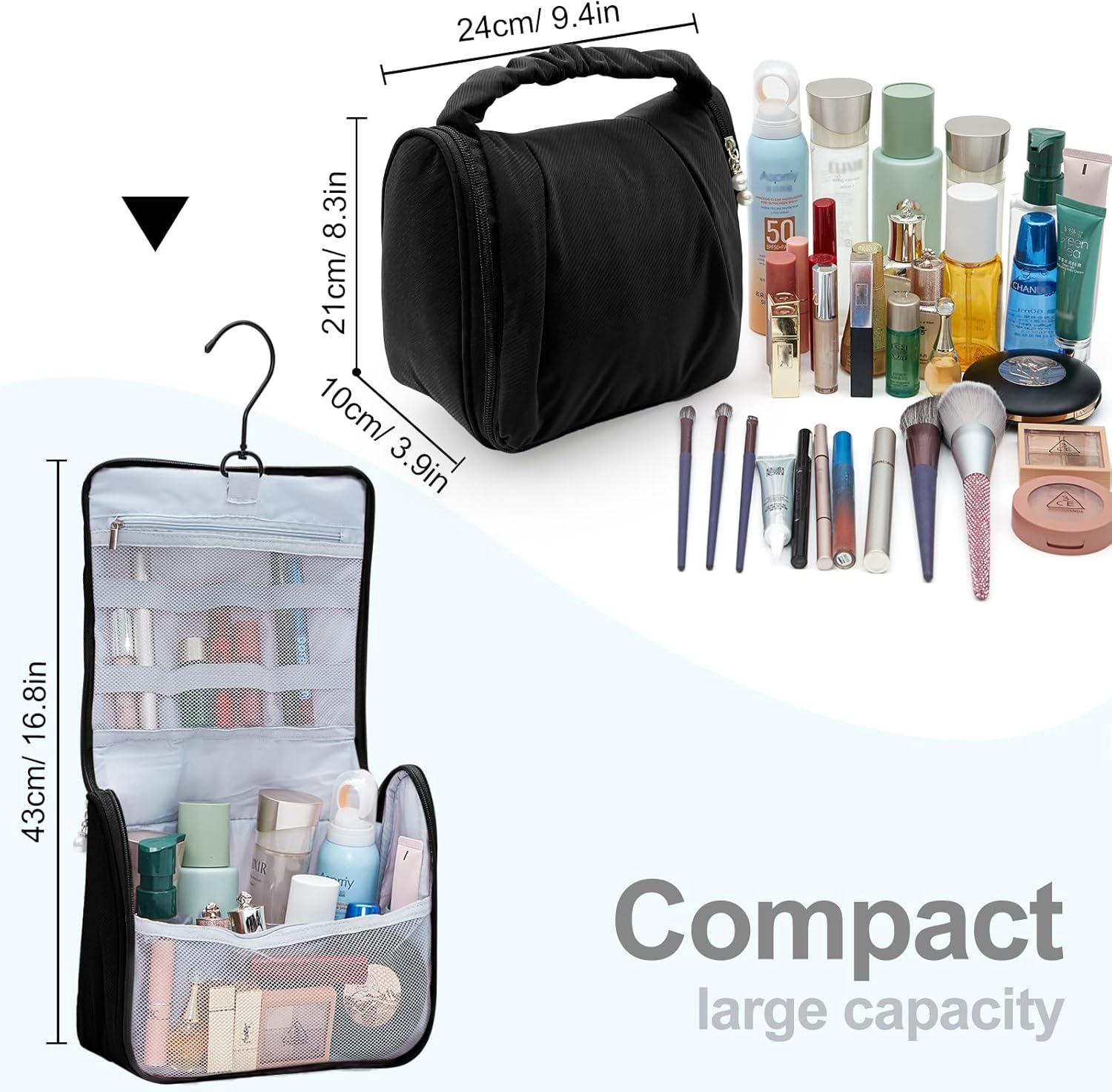 Cute Hanging Travel Toiletry Bag for Women, Small Ruched Make-up Bag Cosmetic Hand-bag, Carry-On Storage Organizer Pouch with Handles Pearl Zipper for Travel Essentials Skin-Care Accessories, Black - Image 2