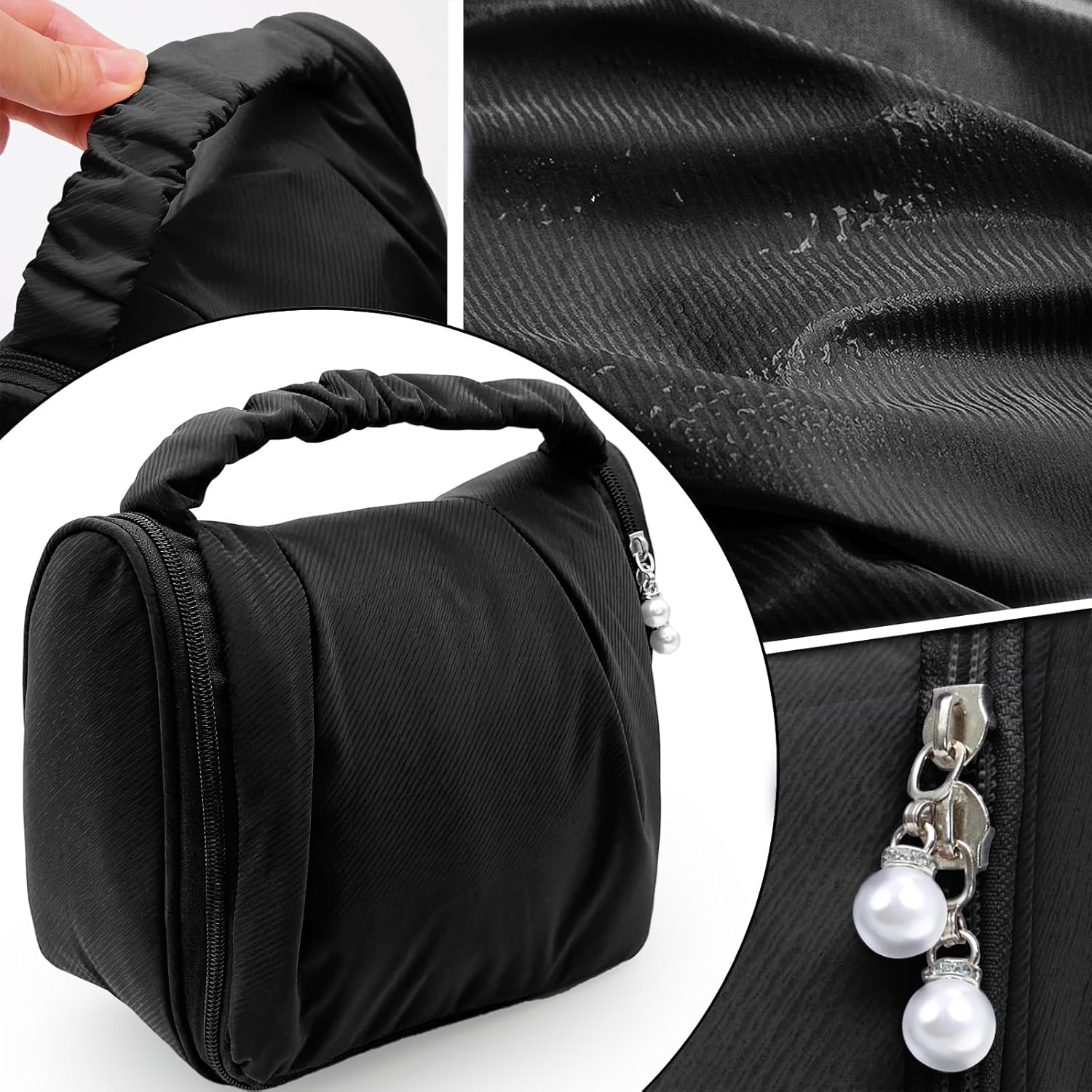 Cute Hanging Travel Toiletry Bag for Women, Small Ruched Make-up Bag Cosmetic Hand-bag, Carry-On Storage Organizer Pouch with Handles Pearl Zipper for Travel Essentials Skin-Care Accessories, Black - Image 3
