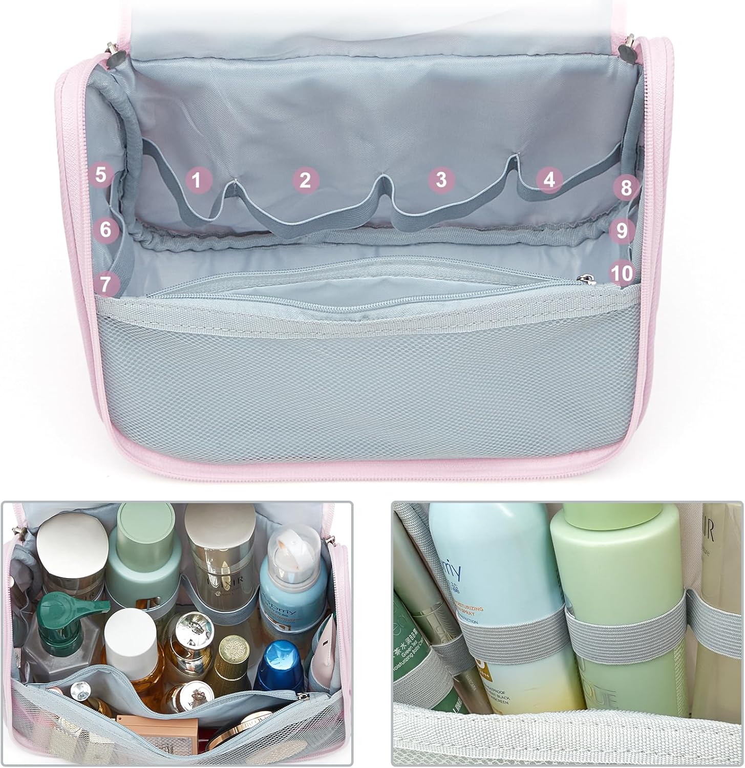 Cute Hanging Travel Toiletry Bag for Women, Small Ruched Make-up Bag Cosmetic Hand-bag, Carry-On Storage Organizer Pouch with Handles Pearl Zipper for Travel Essentials Skin-Care Accessories, Black - Image 5