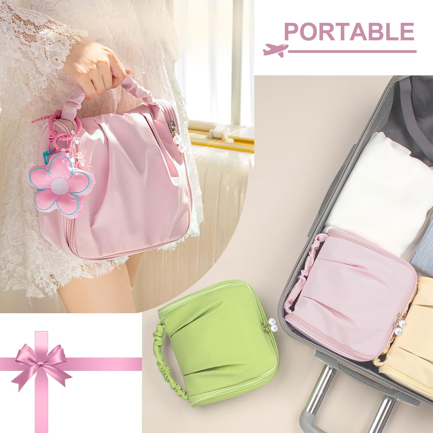 Cute Hanging Travel Toiletry Bag for Women, Small Ruched Make-up Bag Cosmetic Hand-bag, Carry-On Storage Organizer Pouch with Handles Pearl Zipper for Travel Essentials Skin-Care Accessories, Black - Image 6