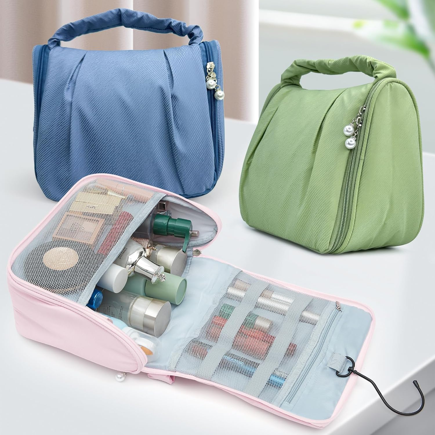 Cute Hanging Travel Toiletry Bag for Women, Small Ruched Make-up Bag Cosmetic Hand-bag, Carry-On Storage Organizer Pouch with Handles Pearl Zipper for Travel Essentials Skin-Care Accessories, Black - Image 7