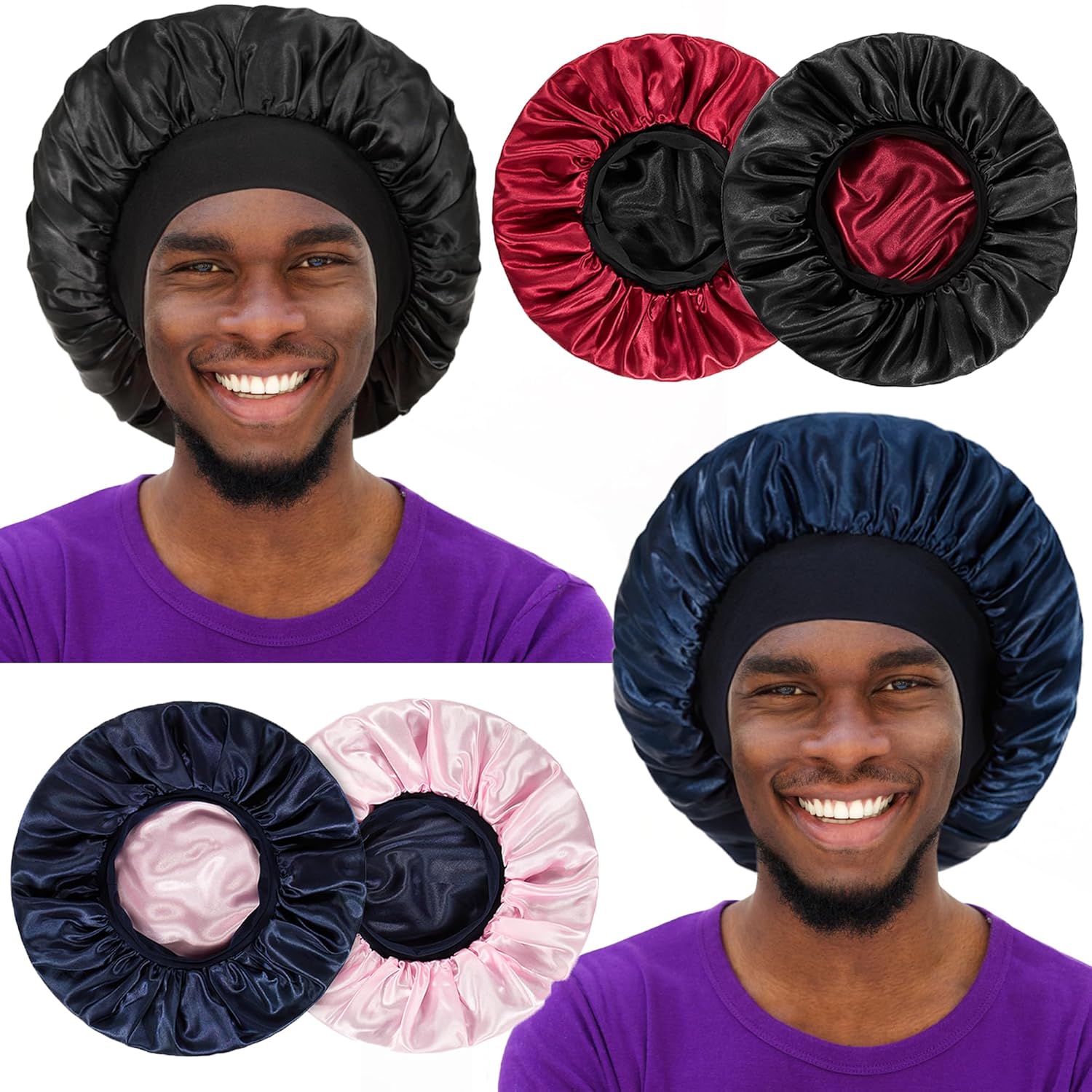 2pcs Bonnet for Men, Bonnets for Women, Satin Silk Hair Bonnet for Sleeping, Reversible Double Layer Wide Band Sleep Cap for Curly Hair Braids - Image 1