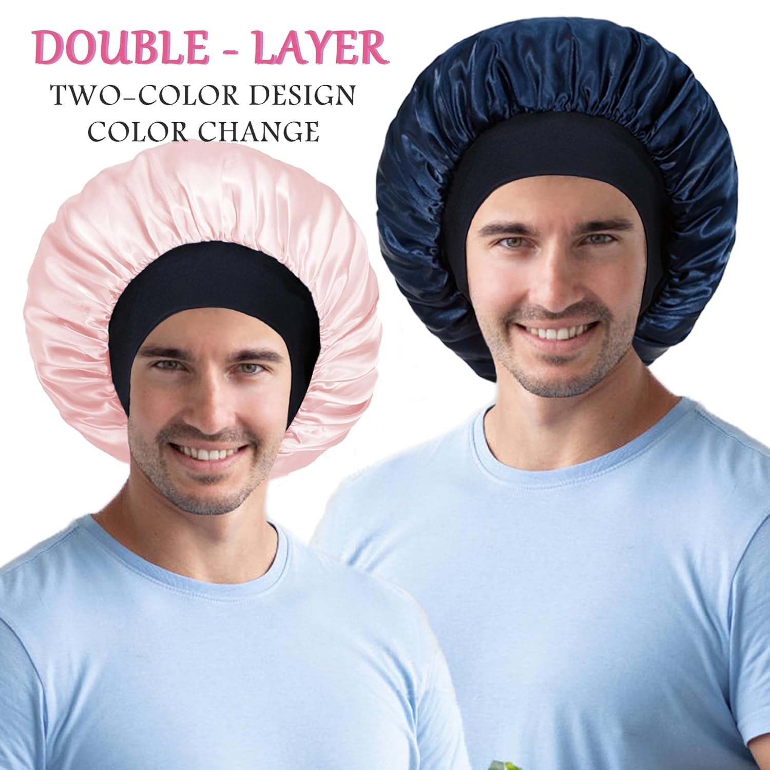 2pcs Bonnet for Men, Bonnets for Women, Satin Silk Hair Bonnet for Sleeping, Reversible Double Layer Wide Band Sleep Cap for Curly Hair Braids - Image 3