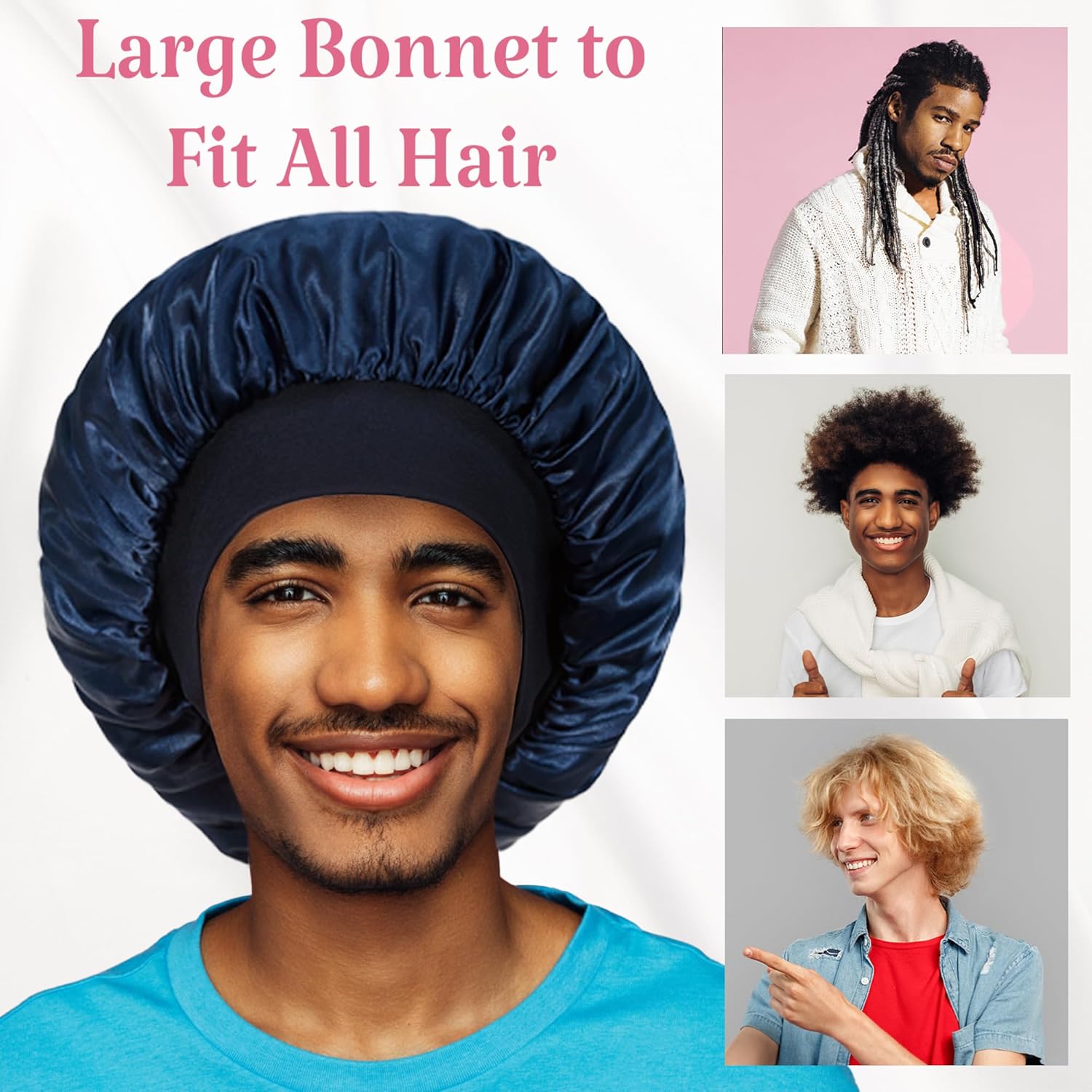 2pcs Bonnet for Men, Bonnets for Women, Satin Silk Hair Bonnet for Sleeping, Reversible Double Layer Wide Band Sleep Cap for Curly Hair Braids - Image 4