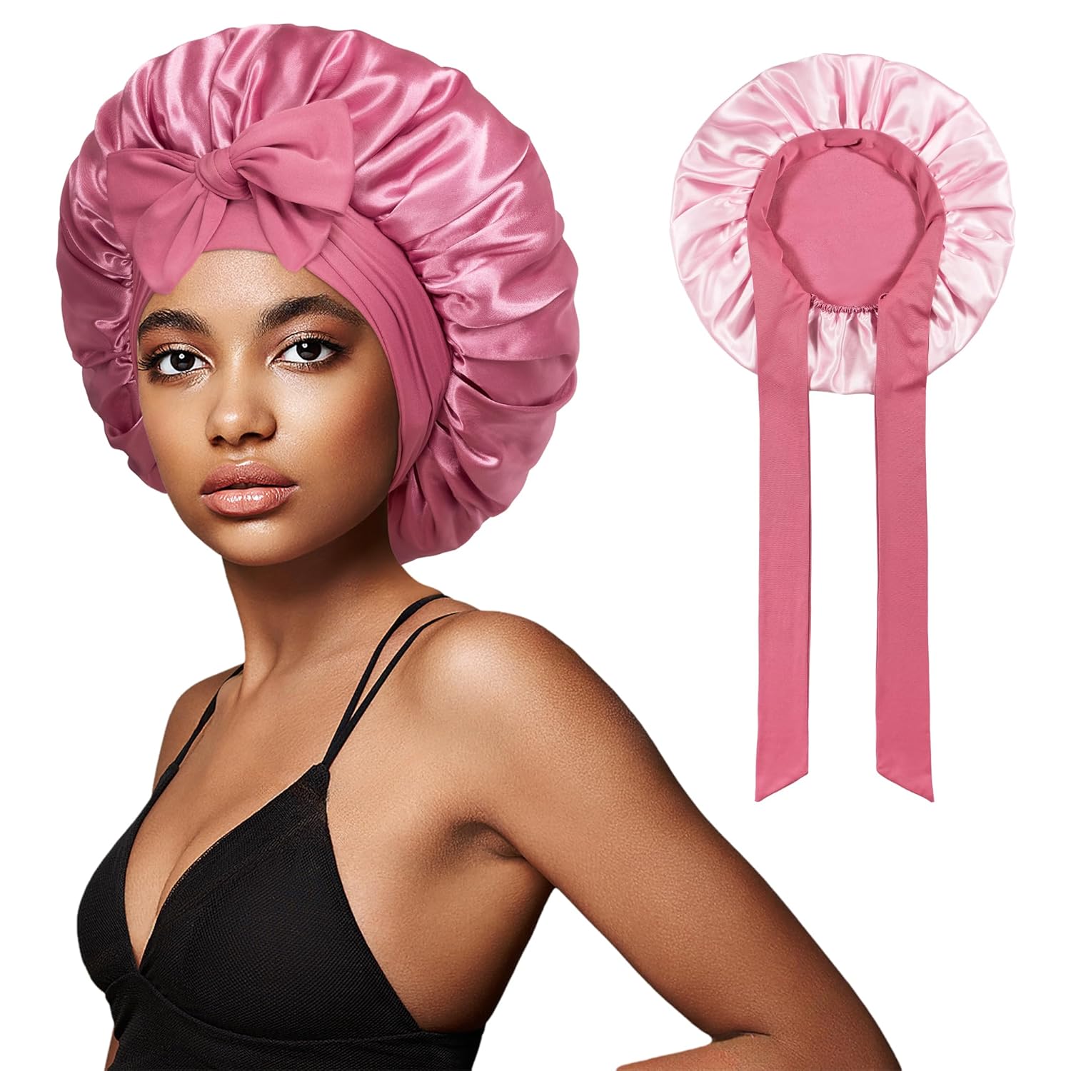 Bonnet with Tie Band, Hair Care Satin Silk Bonnet for Sleeping Women, Silky Sleep Bonnets for Women, Reversible Double Layer Sleep Cap for Curly Hair Braids - Image 1