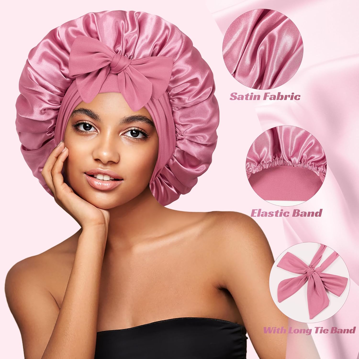 Bonnet with Tie Band, Hair Care Satin Silk Bonnet for Sleeping Women, Silky Sleep Bonnets for Women, Reversible Double Layer Sleep Cap for Curly Hair Braids - Image 2