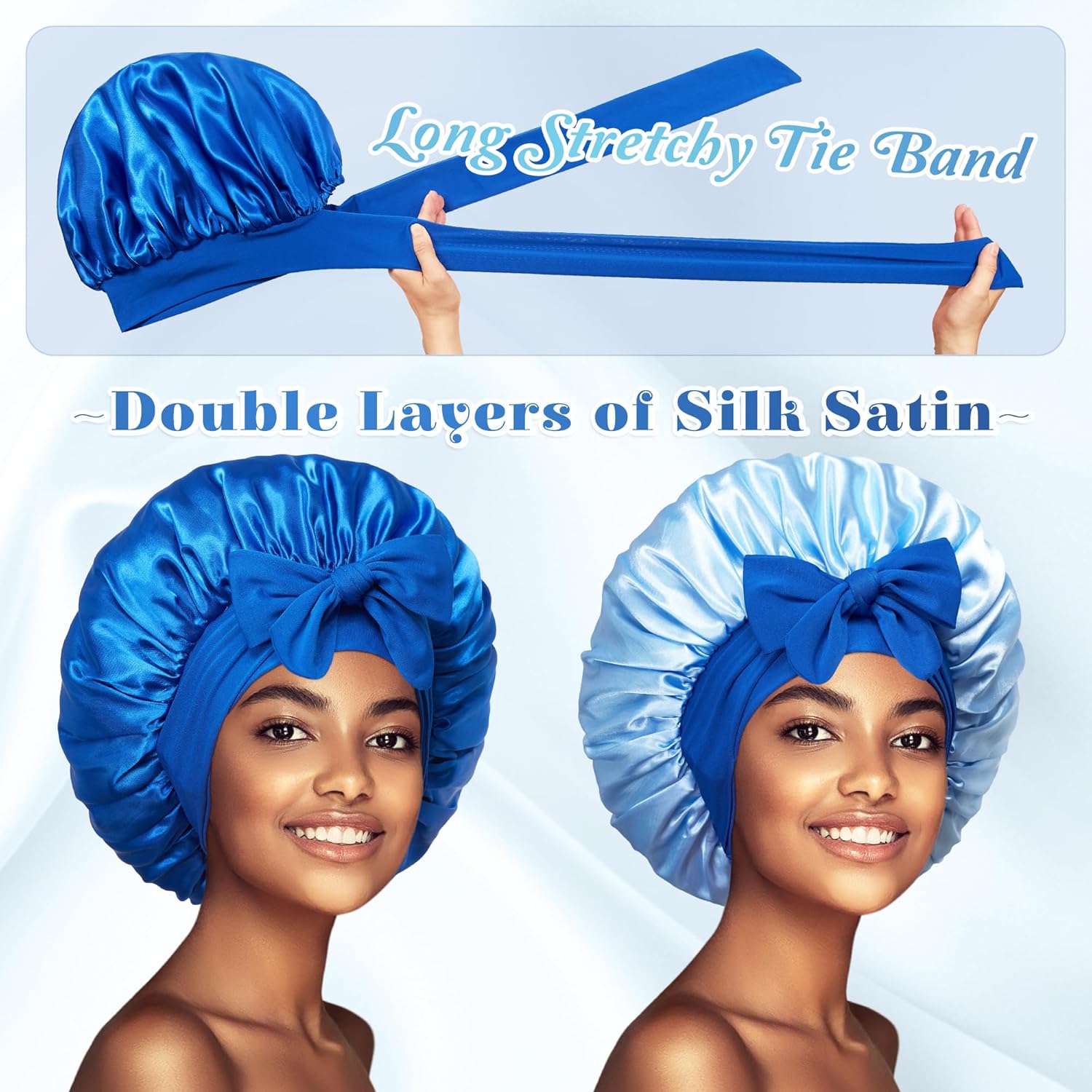 Bonnet with Tie Band, Hair Care Satin Silk Bonnet for Sleeping Women, Silky Sleep Bonnets for Women, Reversible Double Layer Sleep Cap for Curly Hair Braids - Image 3