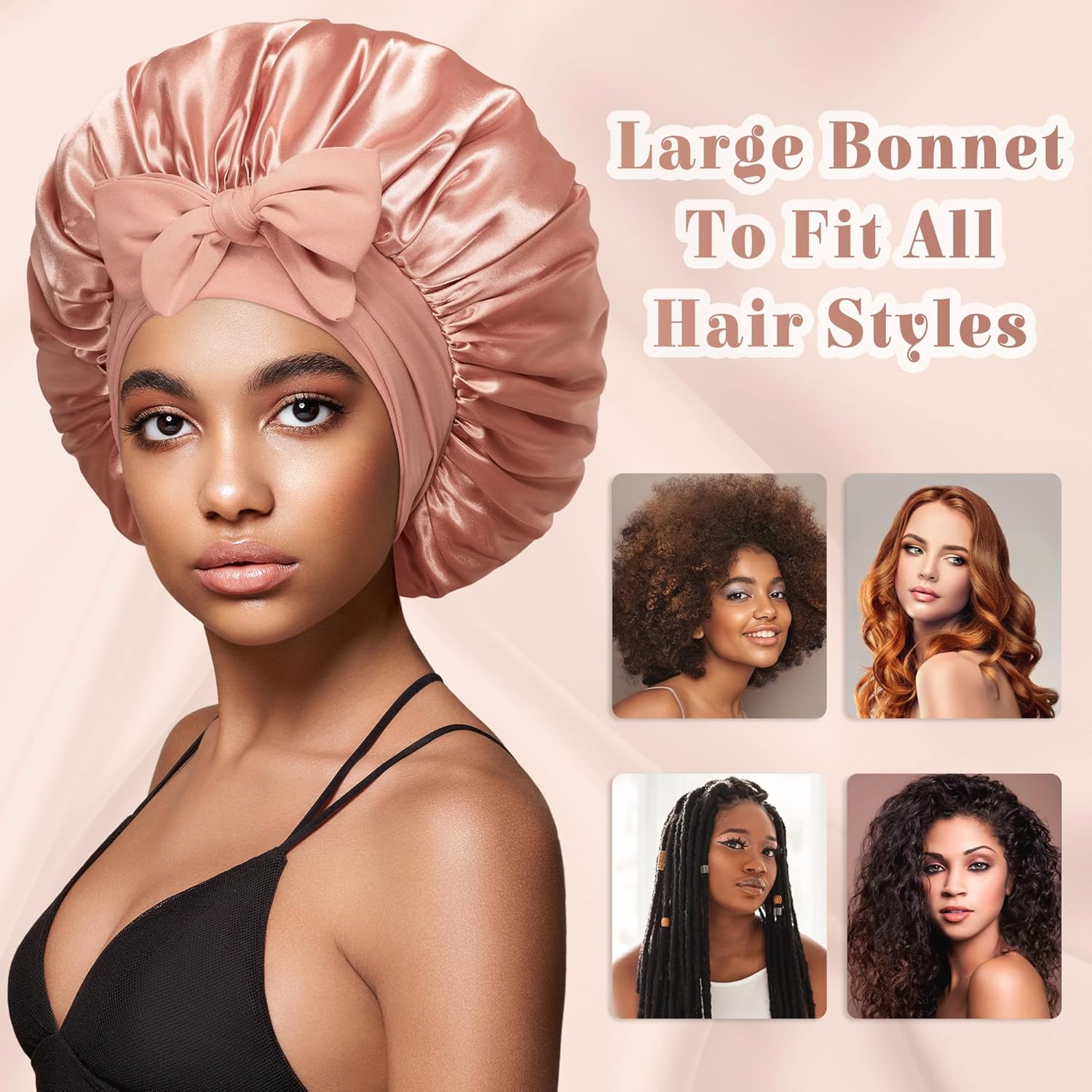Bonnet with Tie Band, Hair Care Satin Silk Bonnet for Sleeping Women, Silky Sleep Bonnets for Women, Reversible Double Layer Sleep Cap for Curly Hair Braids - Image 5