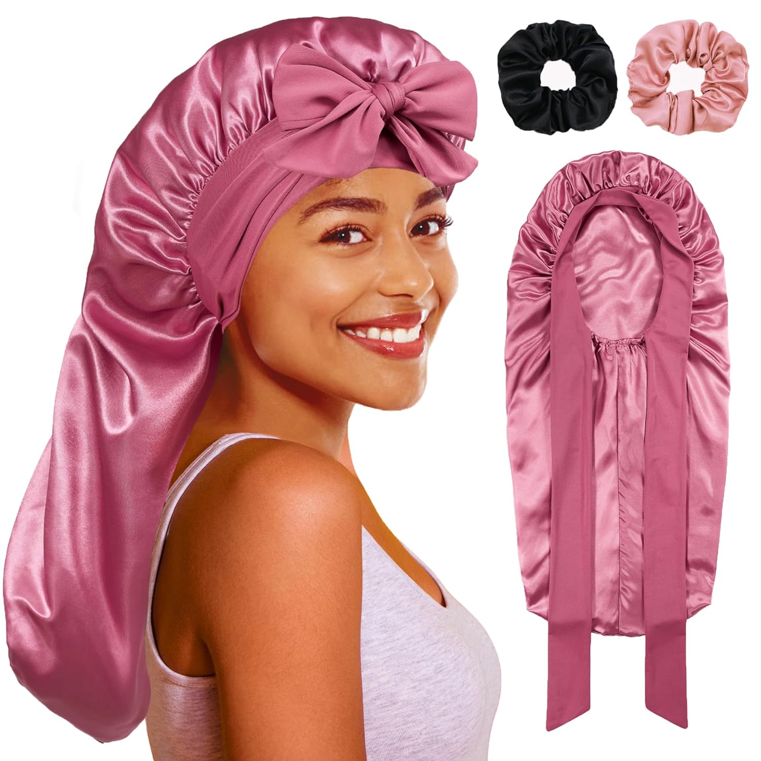 Long Bonnet with Tie Band, Satin Hair Silk Bonnet for Sleeping Women, Sleep Bonnets for Women, Double Layer Silky Sleep Cap for Curly Hair Braids - Image 1