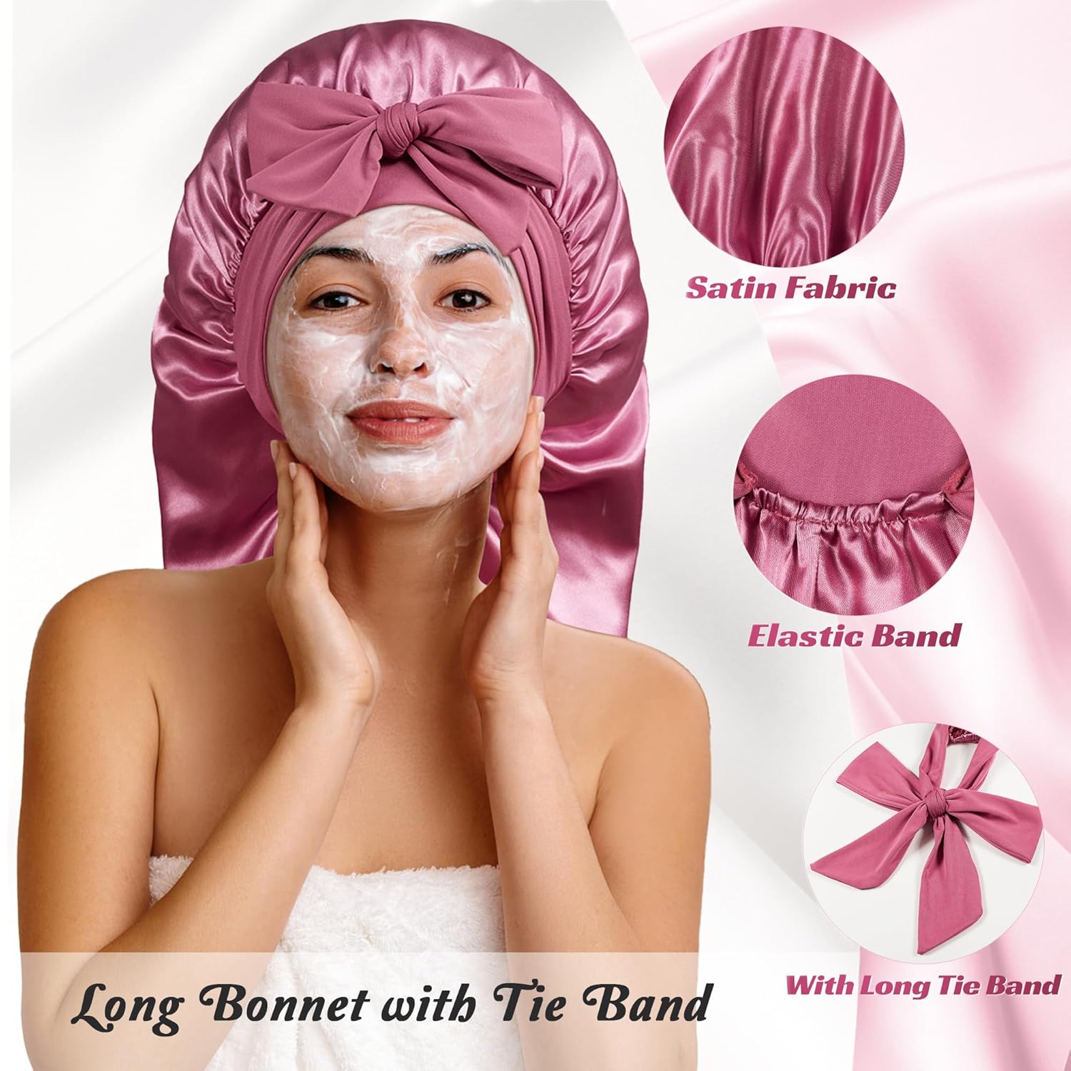 Long Bonnet with Tie Band, Satin Hair Silk Bonnet for Sleeping Women, Sleep Bonnets for Women, Double Layer Silky Sleep Cap for Curly Hair Braids - Image 2