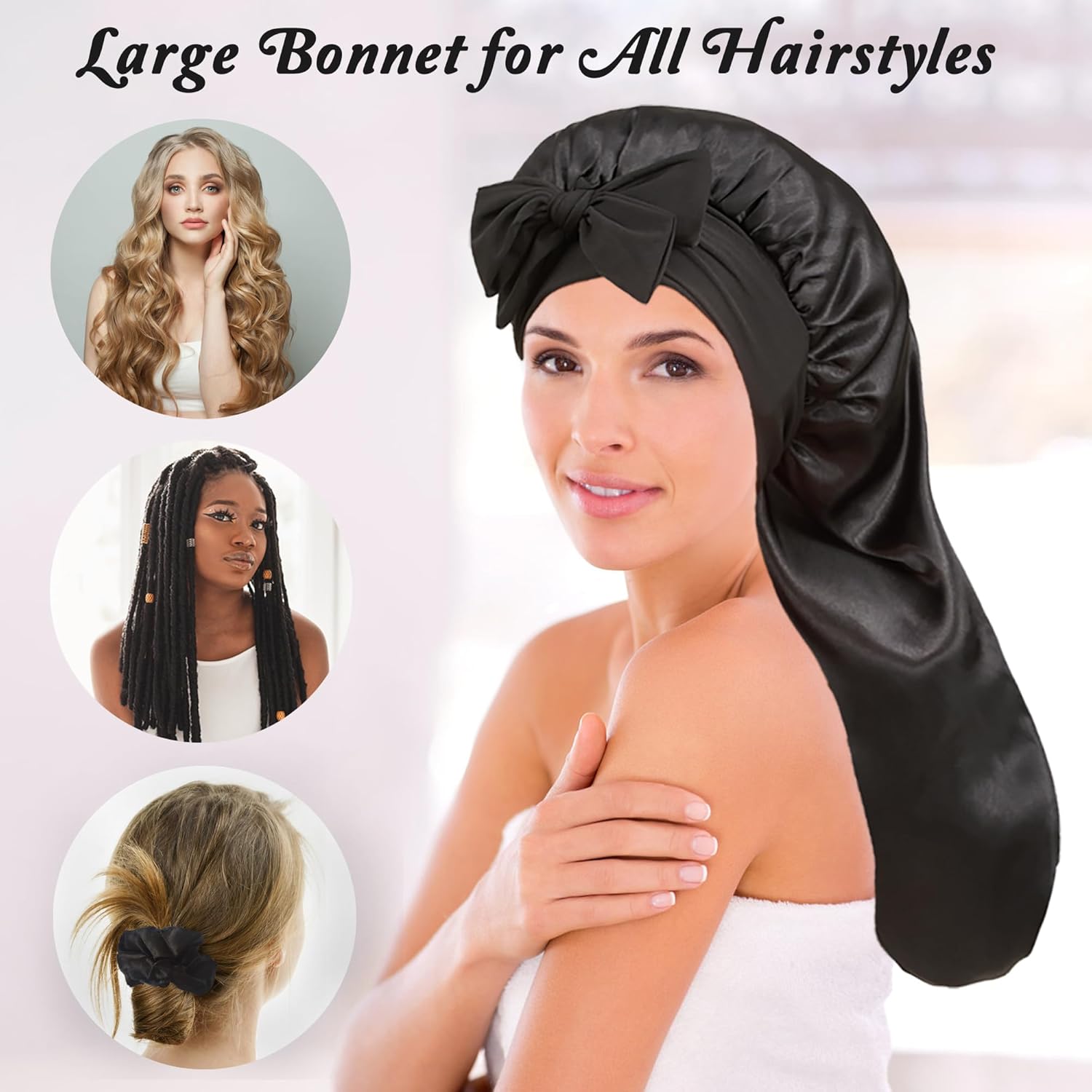 Long Bonnet with Tie Band, Satin Hair Silk Bonnet for Sleeping Women, Sleep Bonnets for Women, Double Layer Silky Sleep Cap for Curly Hair Braids - Image 3