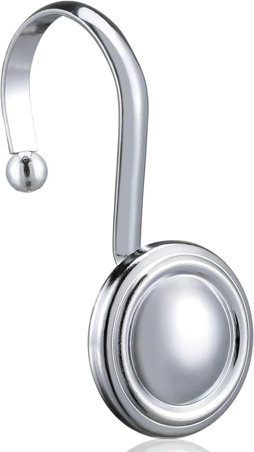 Silver Shower Curtain Hooks,  Chrome Decorative Shower Curtain Hooks for Bathroom, Rt Proof Shower Curtain Rings Hangers for Shower Curtain Rod,Set of 12 Metal Glossy Round Design - Image 1