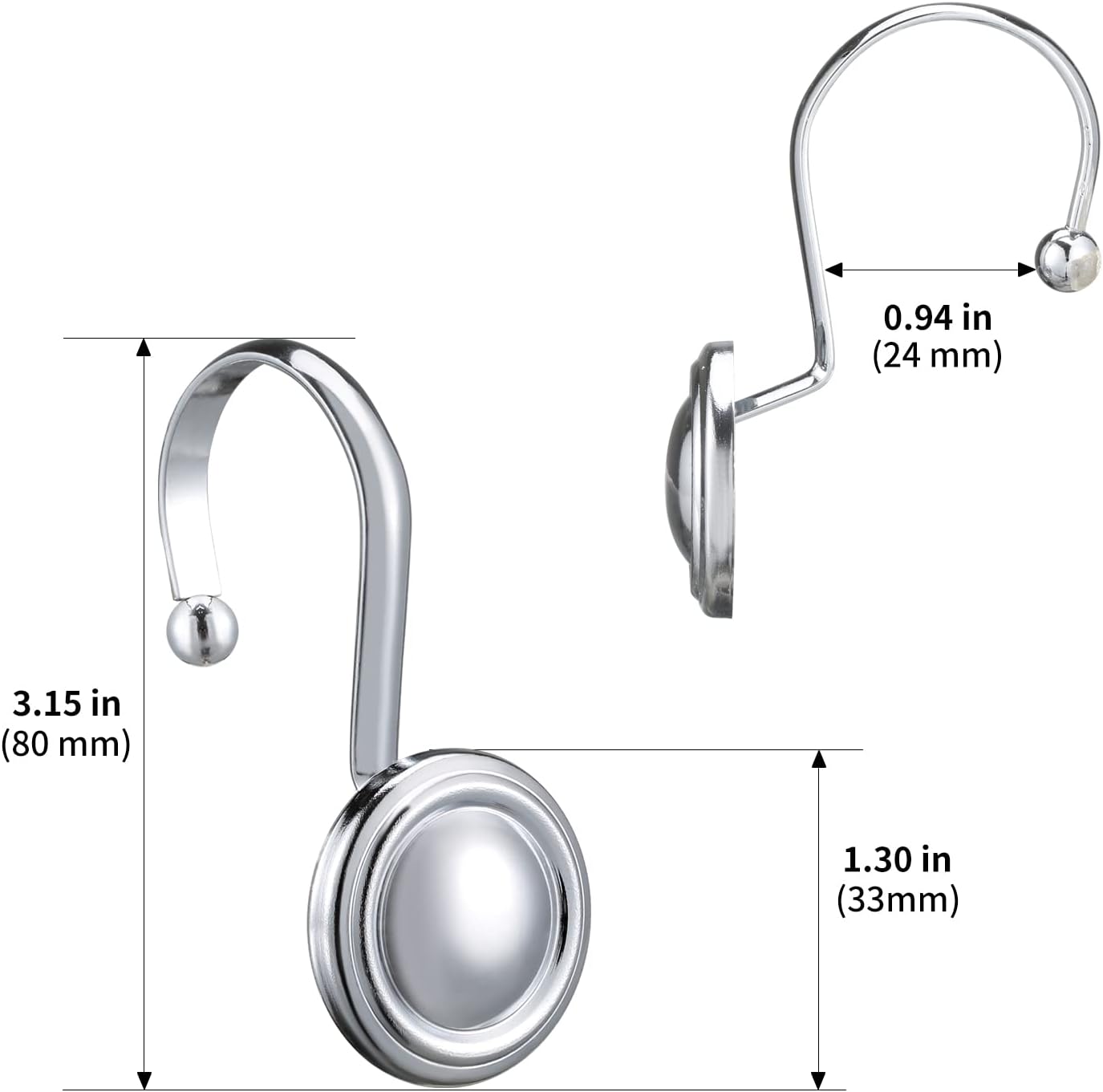 Silver Shower Curtain Hooks,  Chrome Decorative Shower Curtain Hooks for Bathroom, Rt Proof Shower Curtain Rings Hangers for Shower Curtain Rod,Set of 12 Metal Glossy Round Design - Image 5
