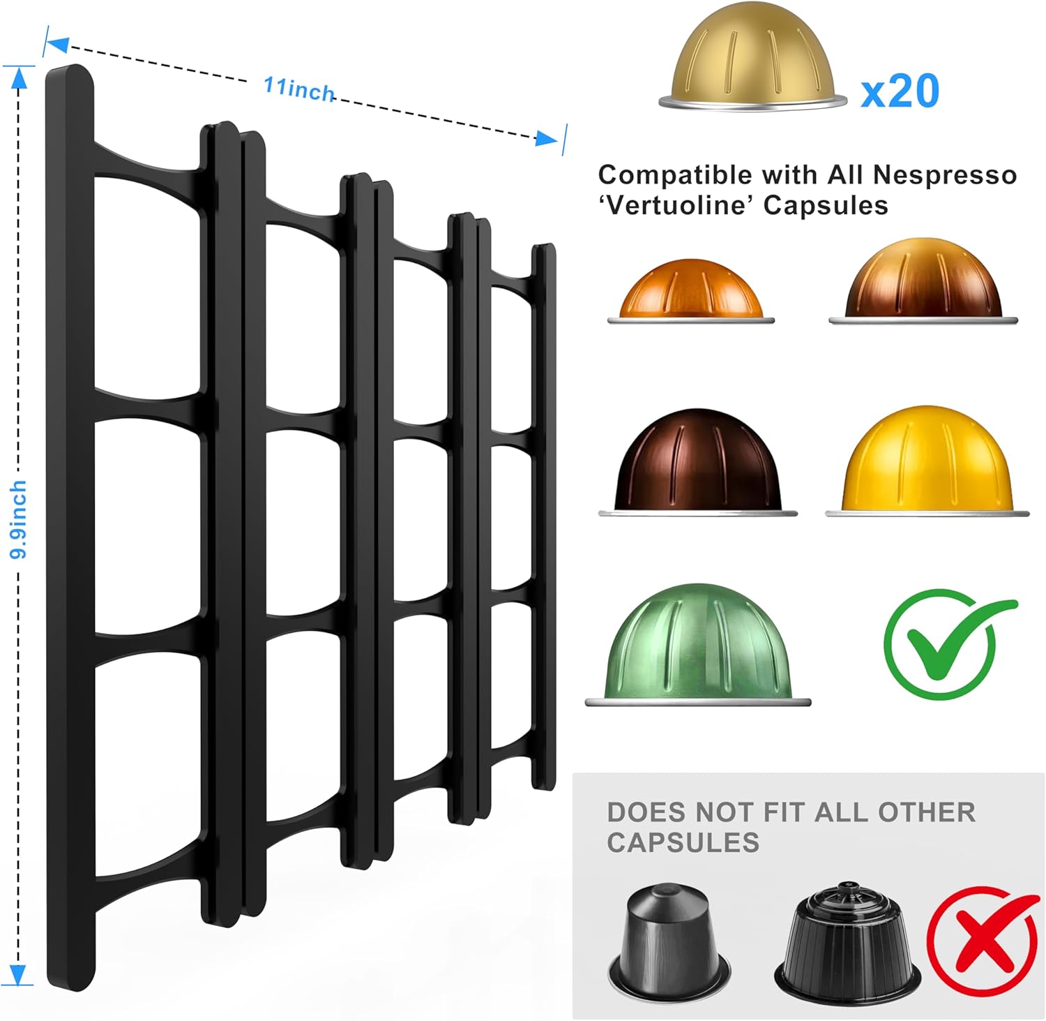 Coffee Pod Holder Compatible with Nespresso VertuoLine Capsules – 20-Pod Space-Saving Organizer for Wall, Cabinet, or Under-Counter Mount, Black - Image 2