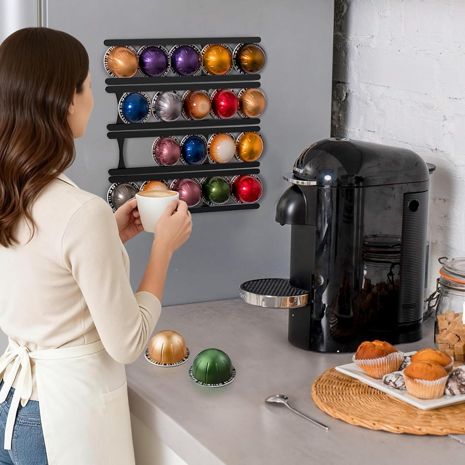 Coffee Pod Holder Compatible with Nespresso VertuoLine Capsules – 20-Pod Space-Saving Organizer for Wall, Cabinet, or Under-Counter Mount, Black - Image 5